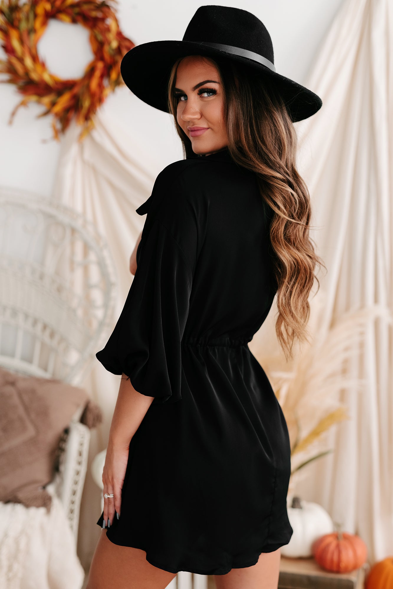 Besotted With You Button-Down Drawstring Waist Mini Dress (Black)-The Formal Wear
