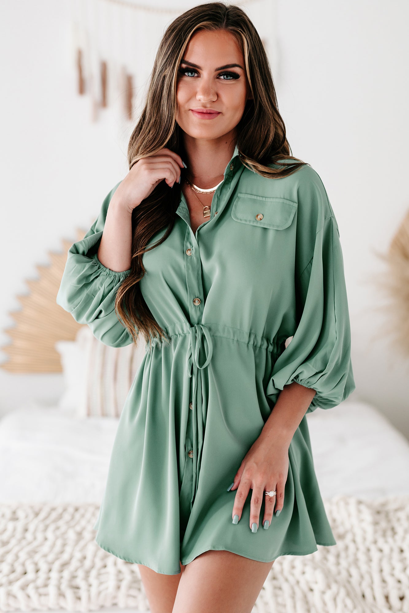 Besotted With You Button-Down Drawstring Waist Mini Dress (Dusty Green)-The Formal Wear