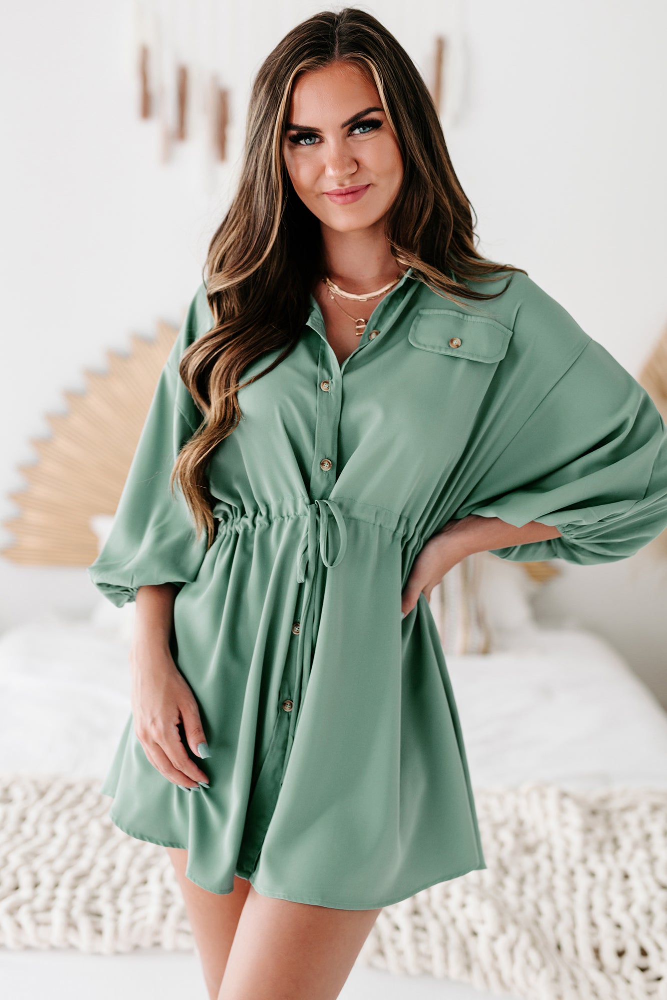 Besotted With You Button-Down Drawstring Waist Mini Dress (Dusty Green)-The Formal Wear