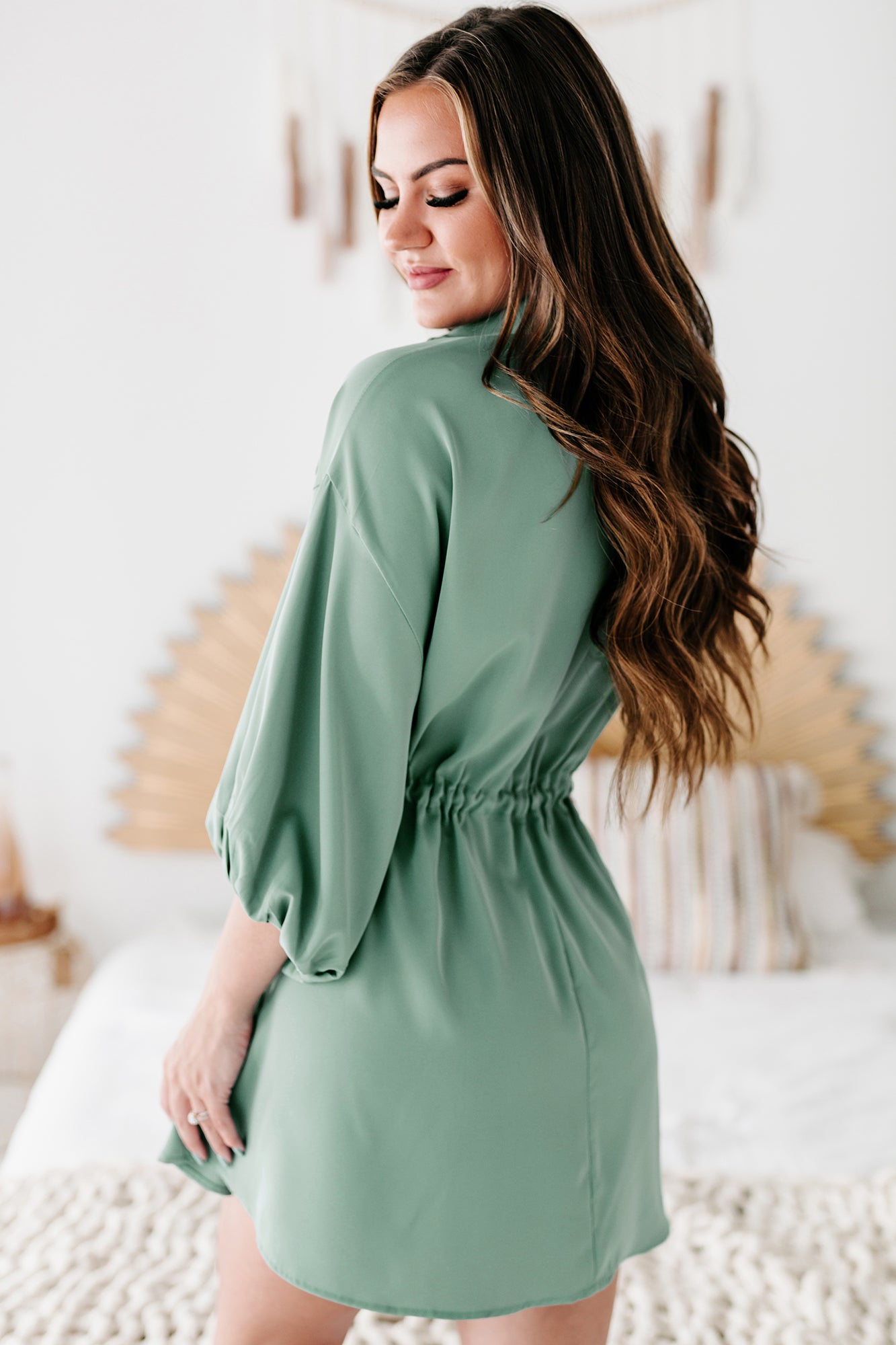 Besotted With You Button-Down Drawstring Waist Mini Dress (Dusty Green)-The Formal Wear