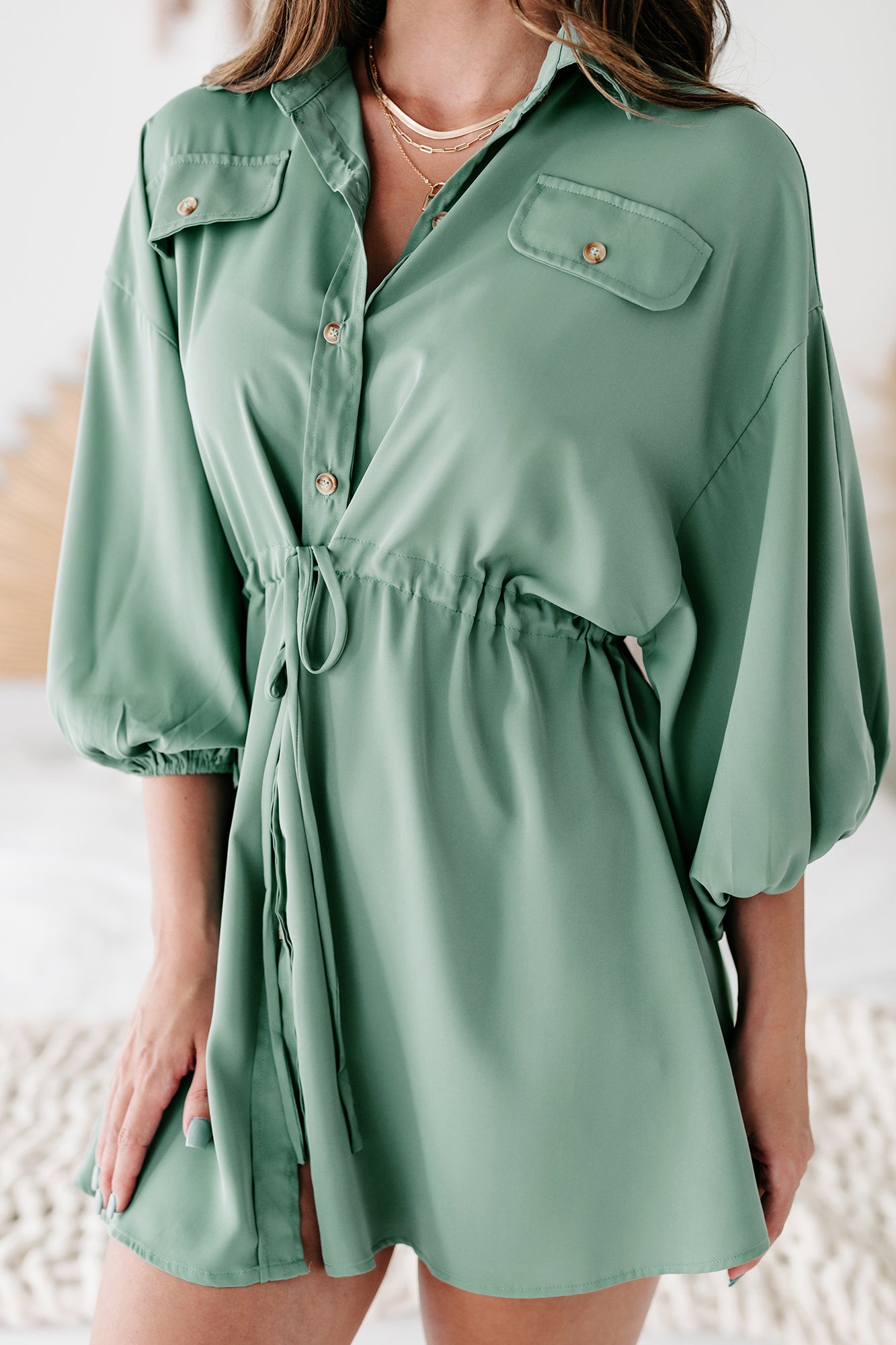 Besotted With You Button-Down Drawstring Waist Mini Dress (Dusty Green)-The Formal Wear