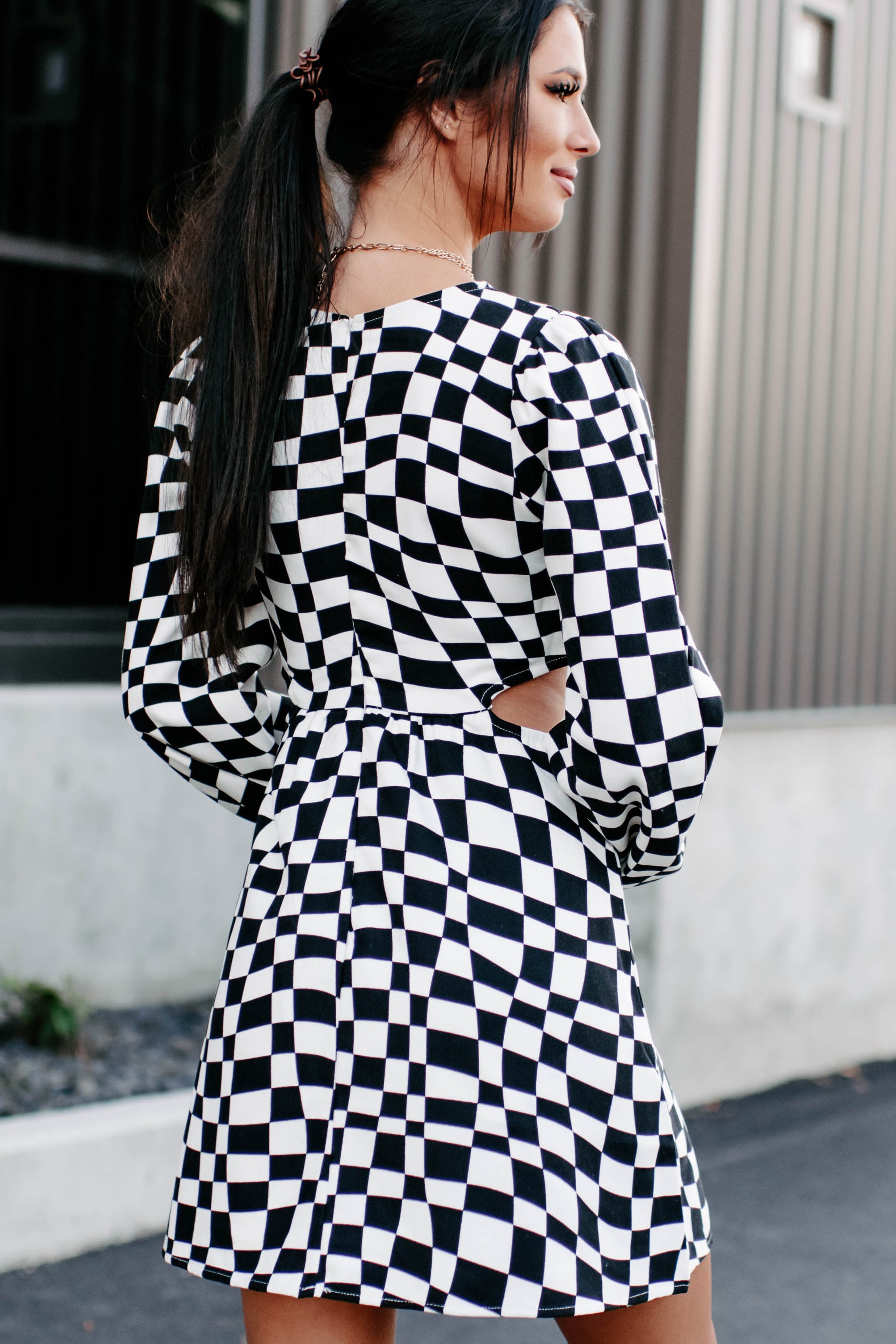 Groovy Nights Cut-Out Checkered Print Mini Dress (Black/White)-The Formal Wear