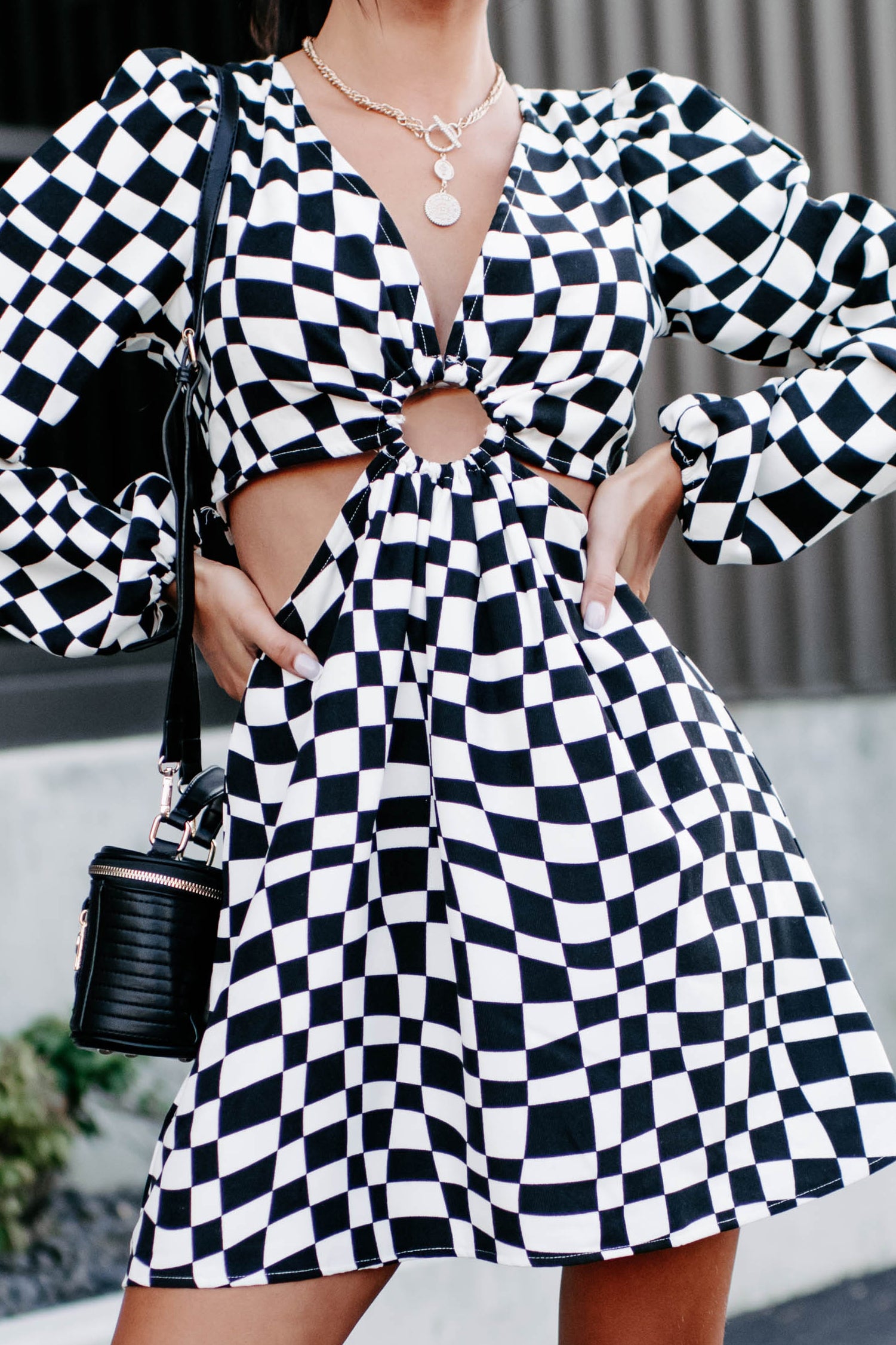 Groovy Nights Cut-Out Checkered Print Mini Dress (Black/White)-The Formal Wear