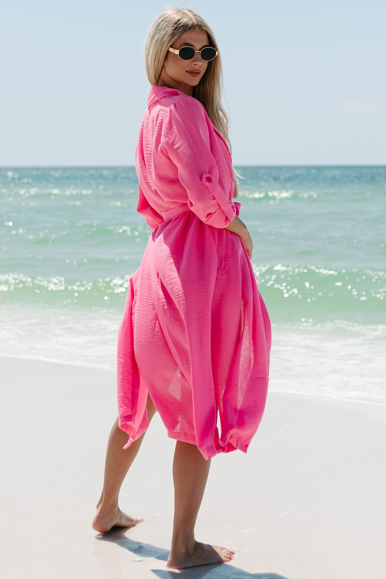 Live Colorfully Tie-Waist Linen Trench Coat (Hot Pink)-The Formal Wear