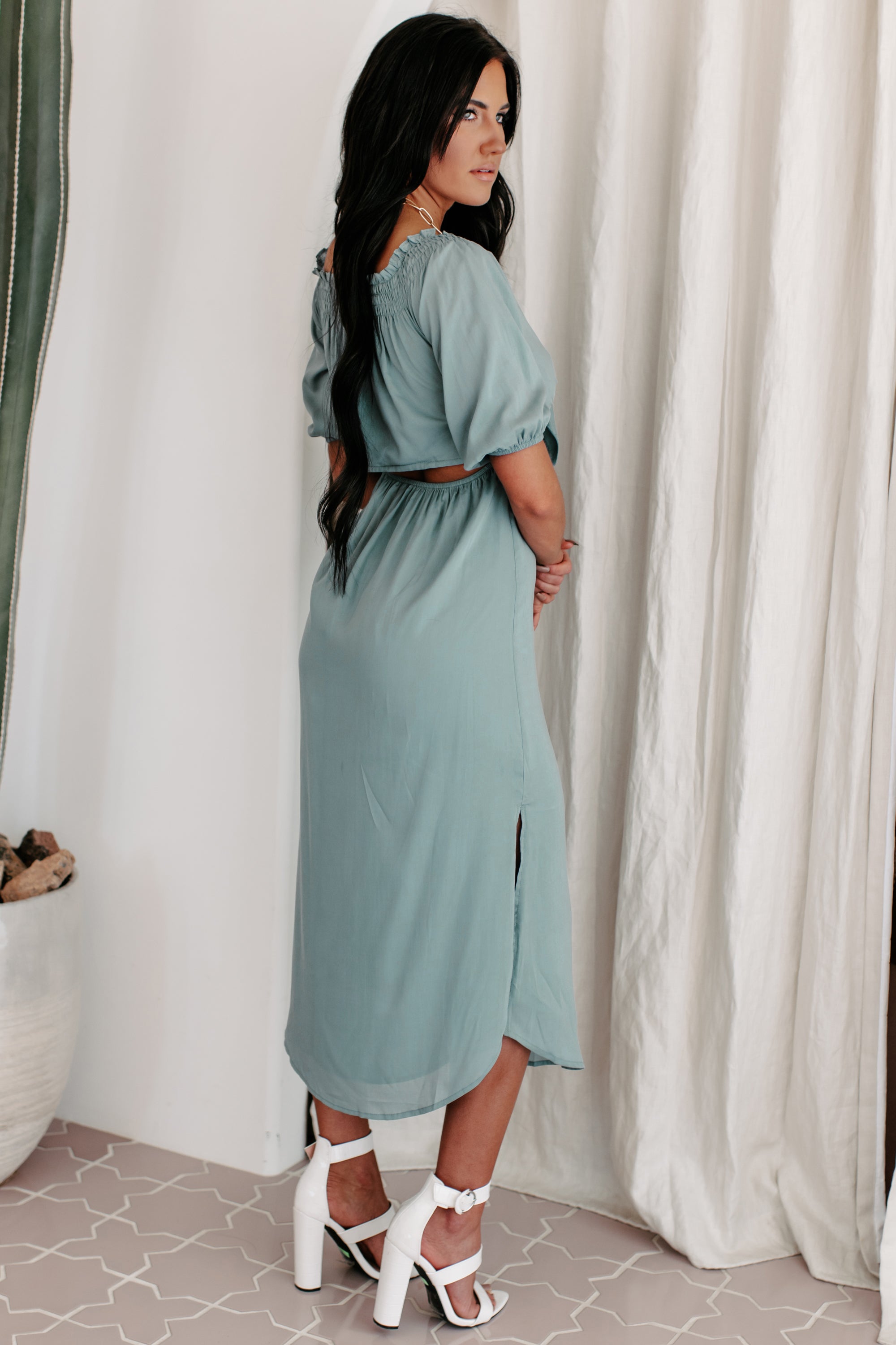 Forever By Your Side Tie-Front Midi Dress (Blue)-The Formal Wear