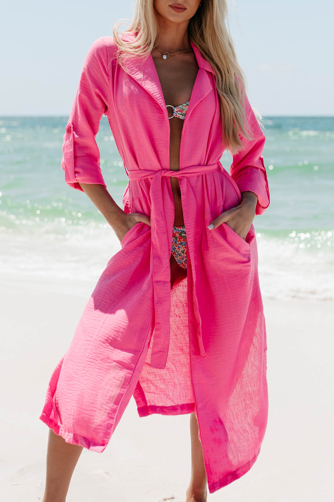 Live Colorfully Tie-Waist Linen Trench Coat (Hot Pink)-The Formal Wear