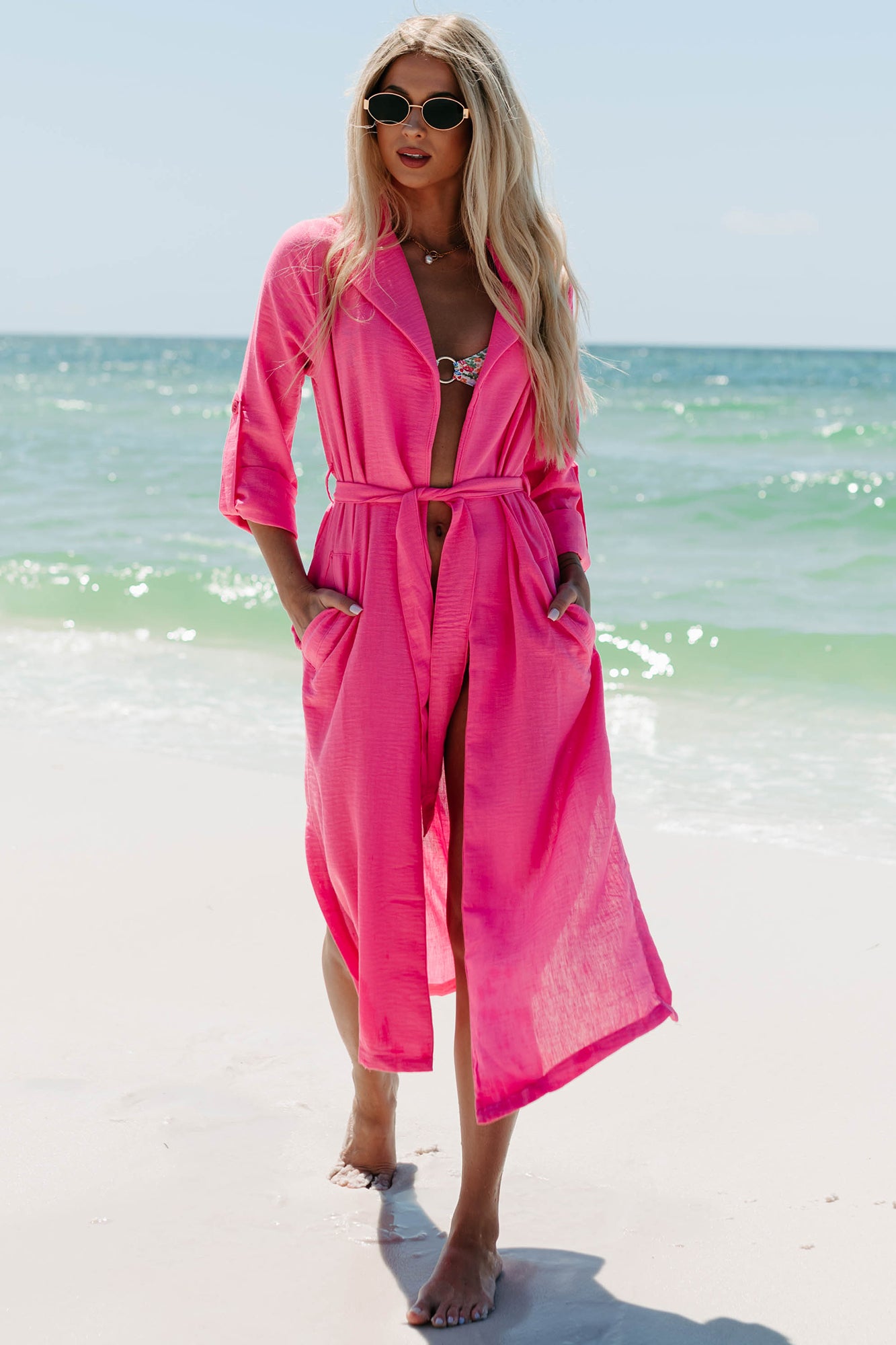 Live Colorfully Tie-Waist Linen Trench Coat (Hot Pink)-The Formal Wear