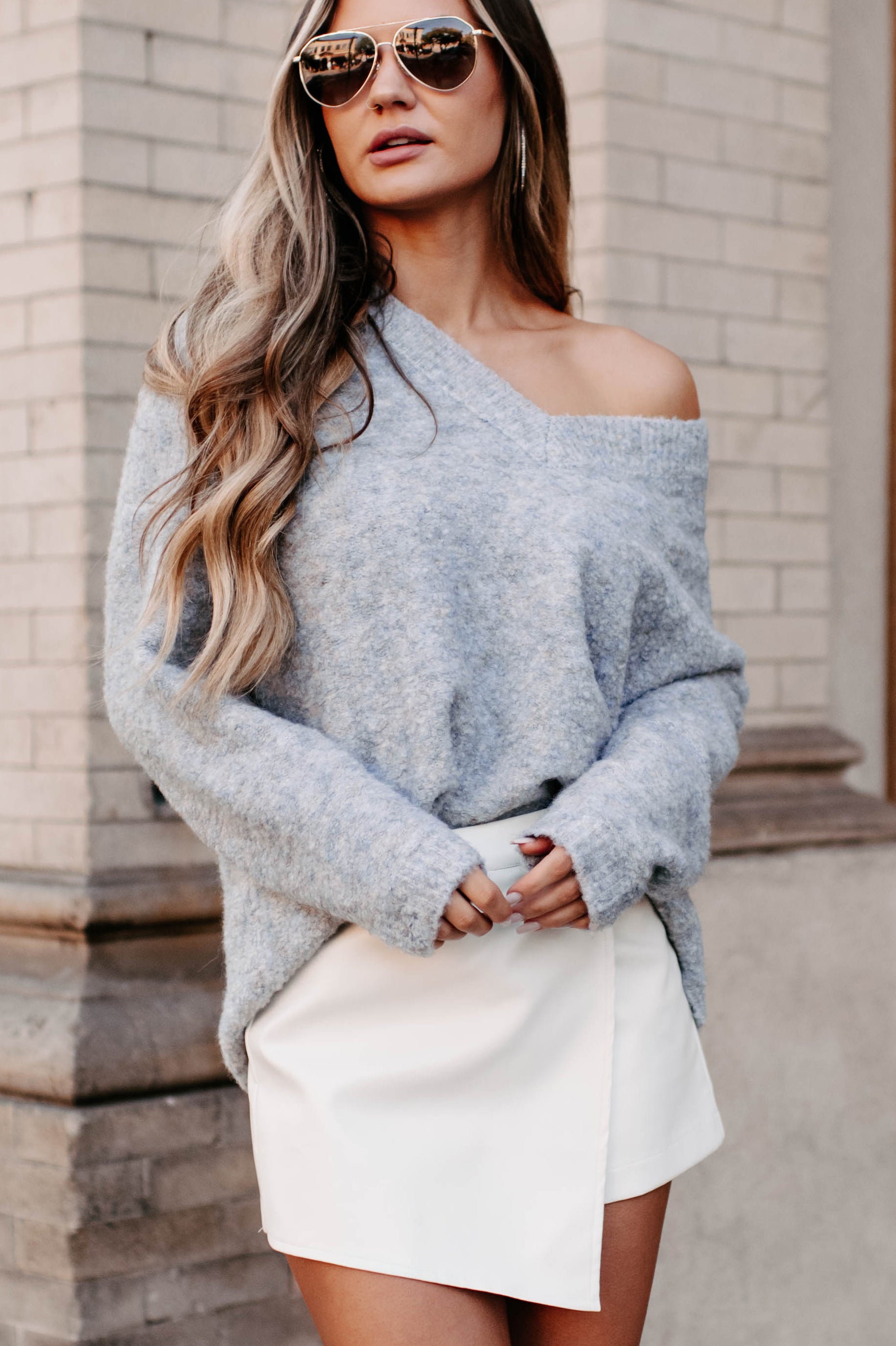 Stop The Cold Oversized V-Neck Sweater (Light Blue/Multi)-The Formal Wear