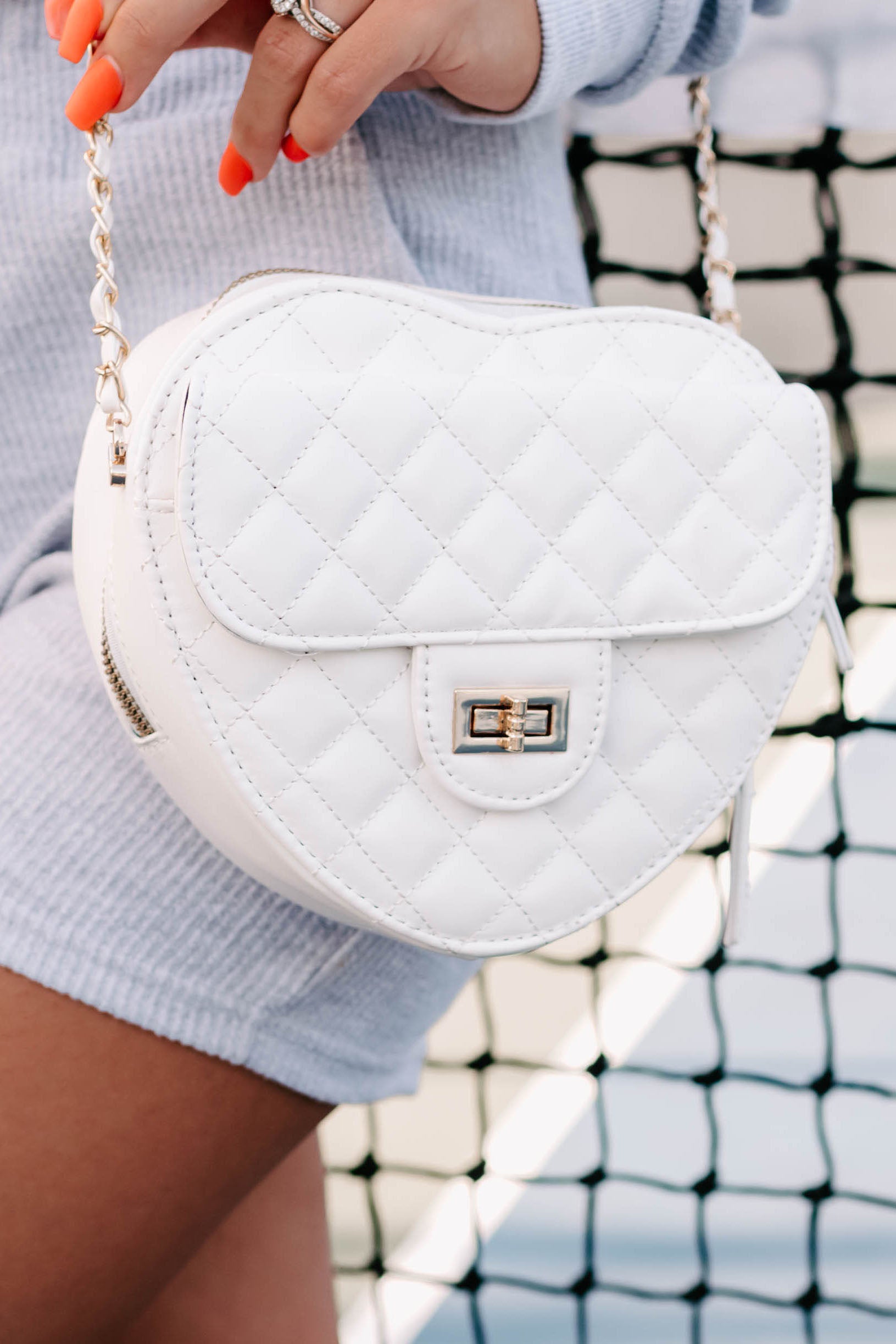 Heartfelt Notions Quilted Heart Shape Crossbody Bag (White)-The Formal Wear