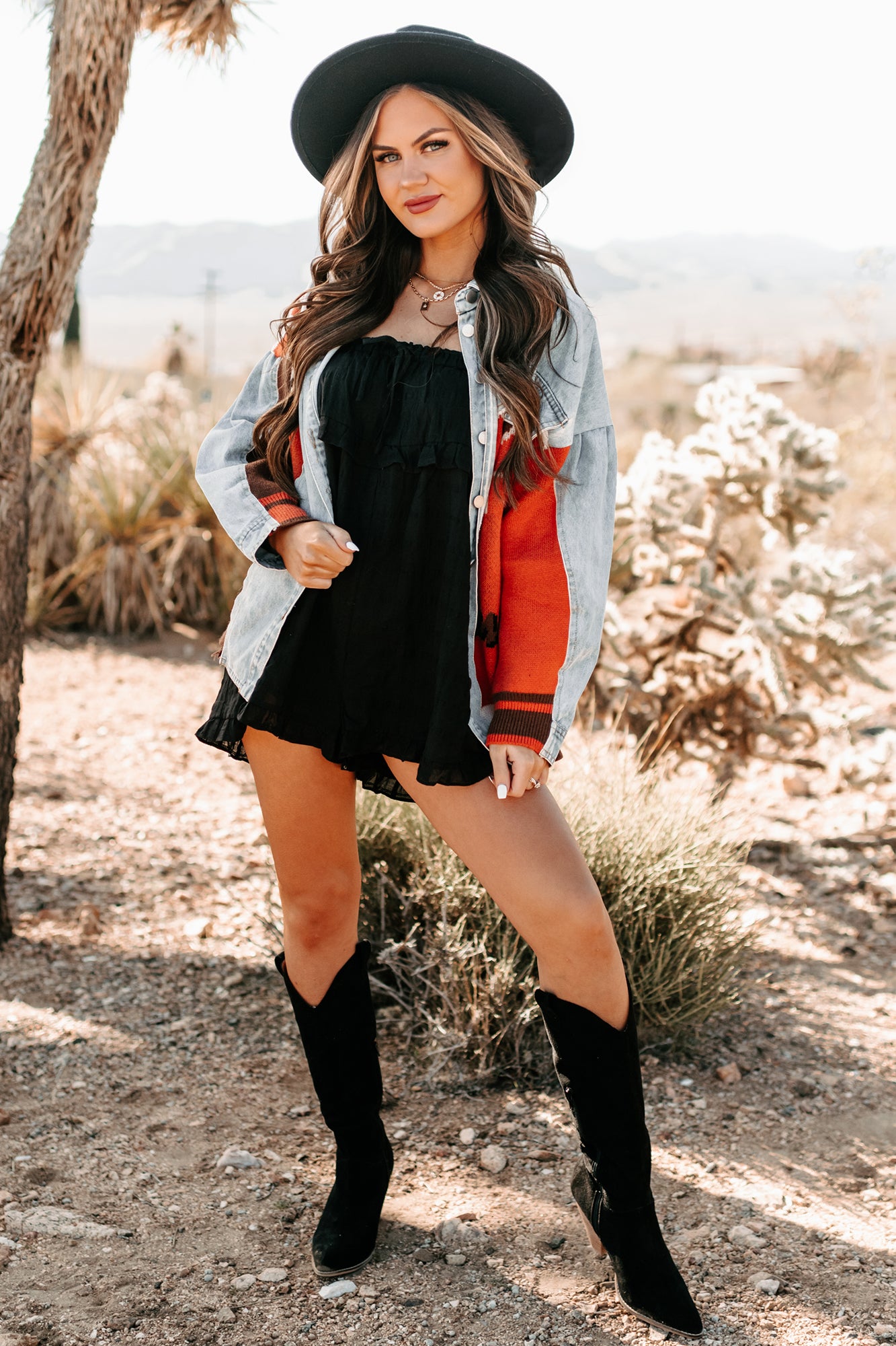 Better Pay Attention Oversized Denim/Knit Jacket (Denim/Rust)-The Formal Wear