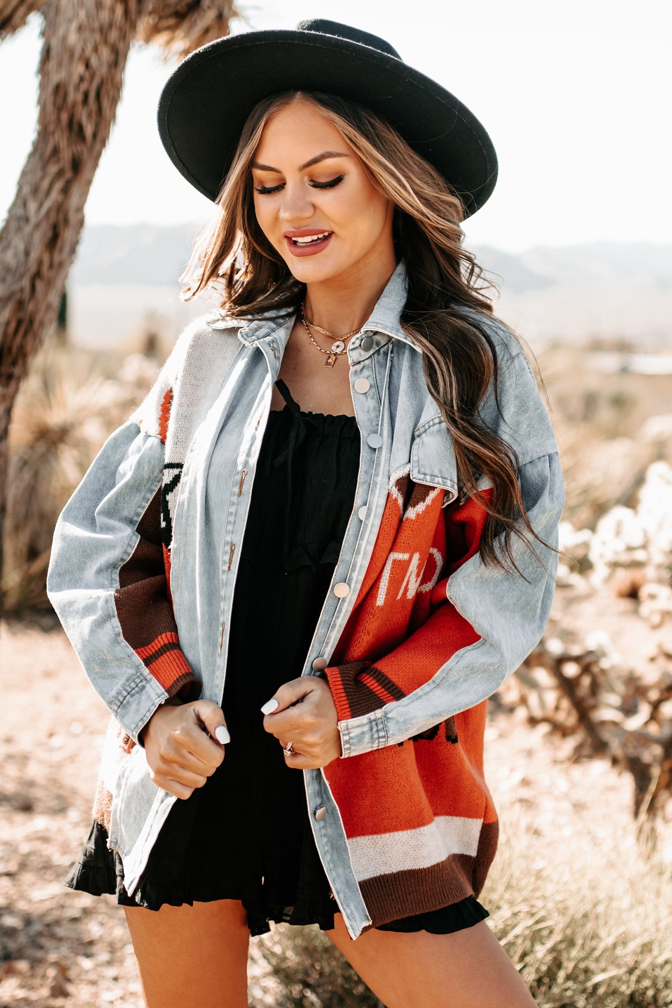 Better Pay Attention Oversized Denim/Knit Jacket (Denim/Rust)-The Formal Wear