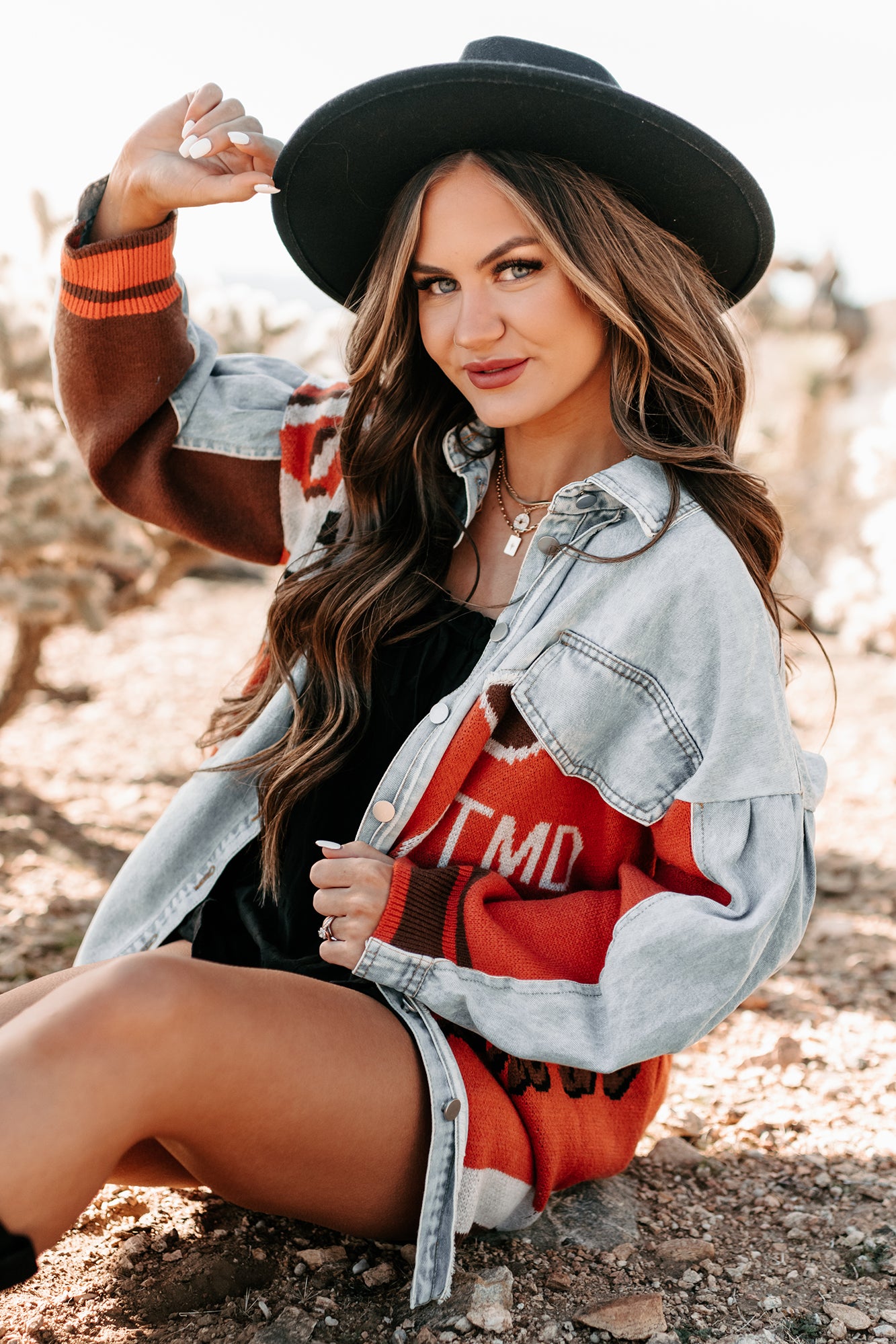 Better Pay Attention Oversized Denim/Knit Jacket (Denim/Rust)-The Formal Wear