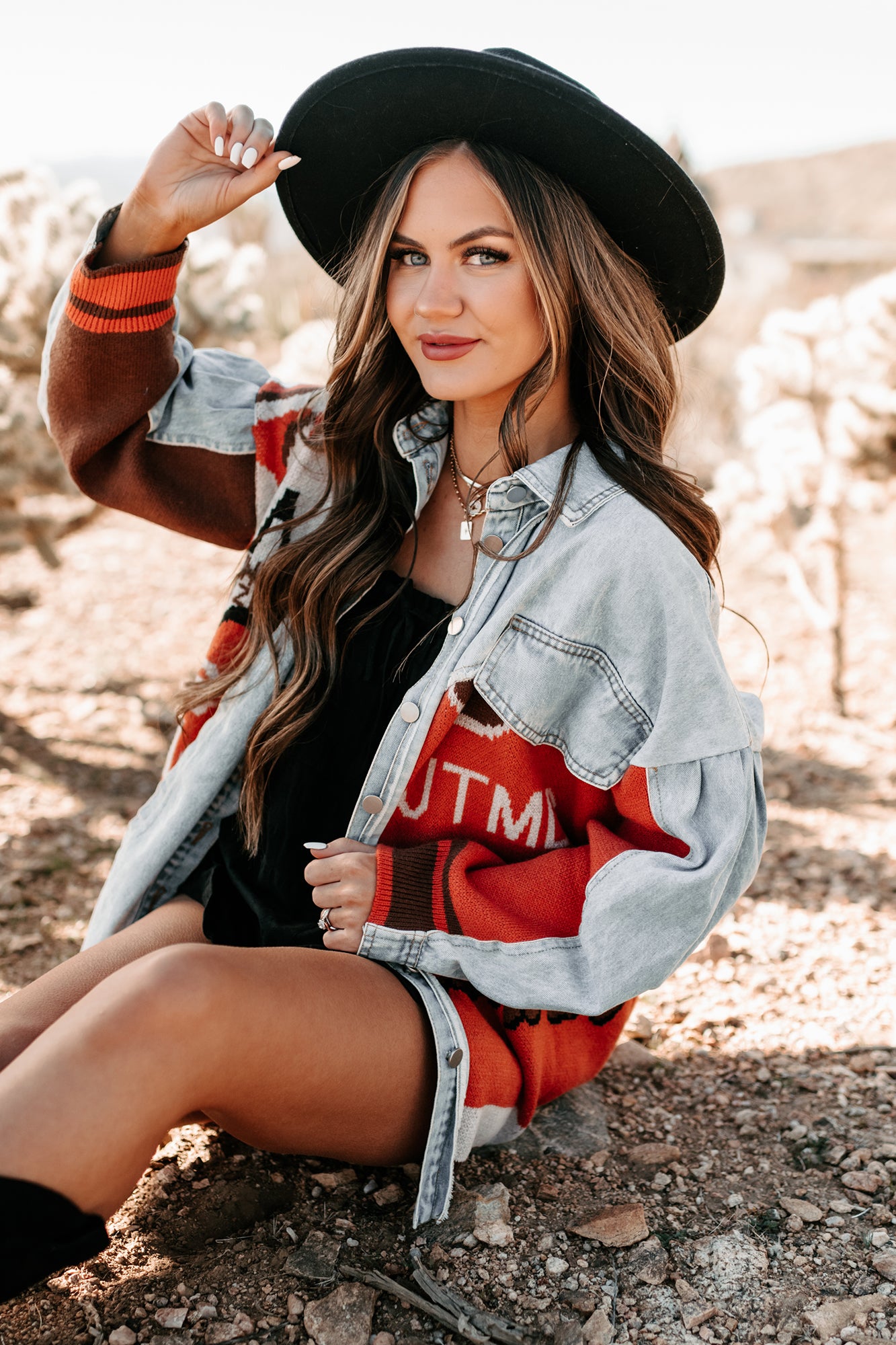 Better Pay Attention Oversized Denim/Knit Jacket (Denim/Rust)-The Formal Wear