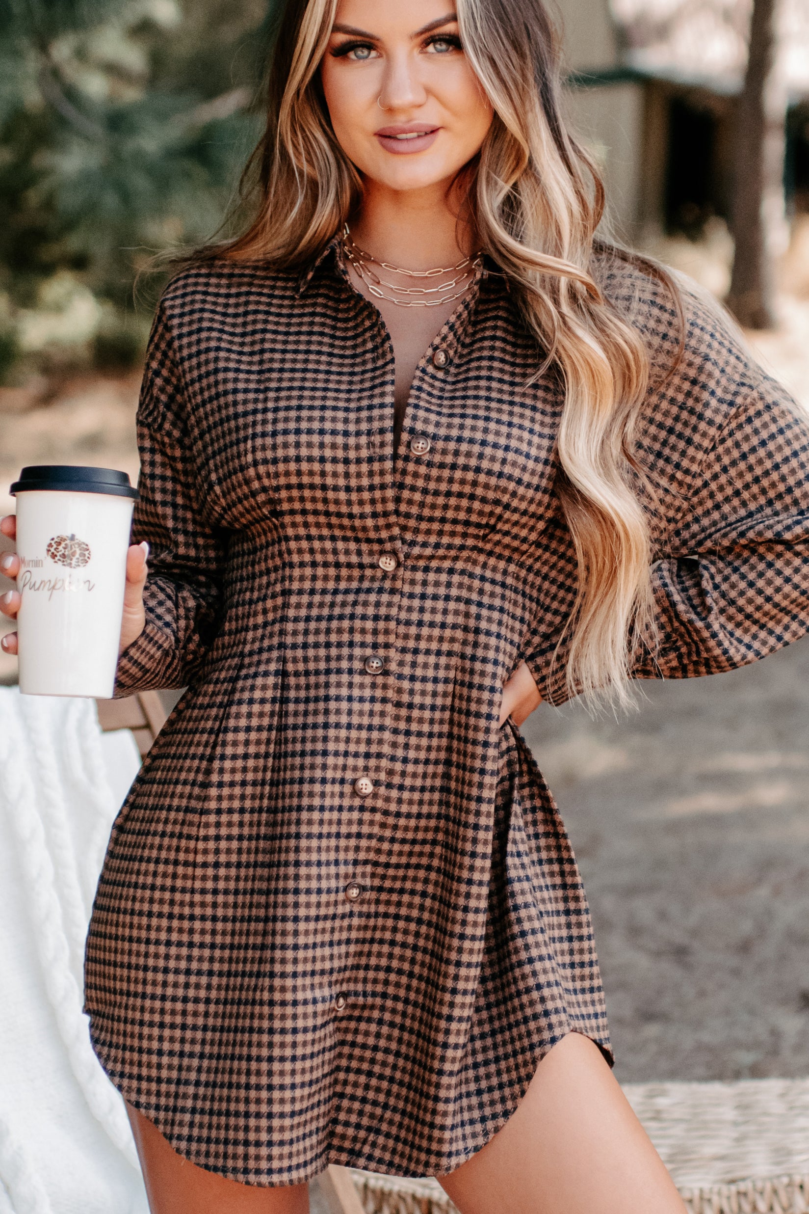 Divine Timing Houndstooth Button Up Dress (Brown)-The Formal Wear