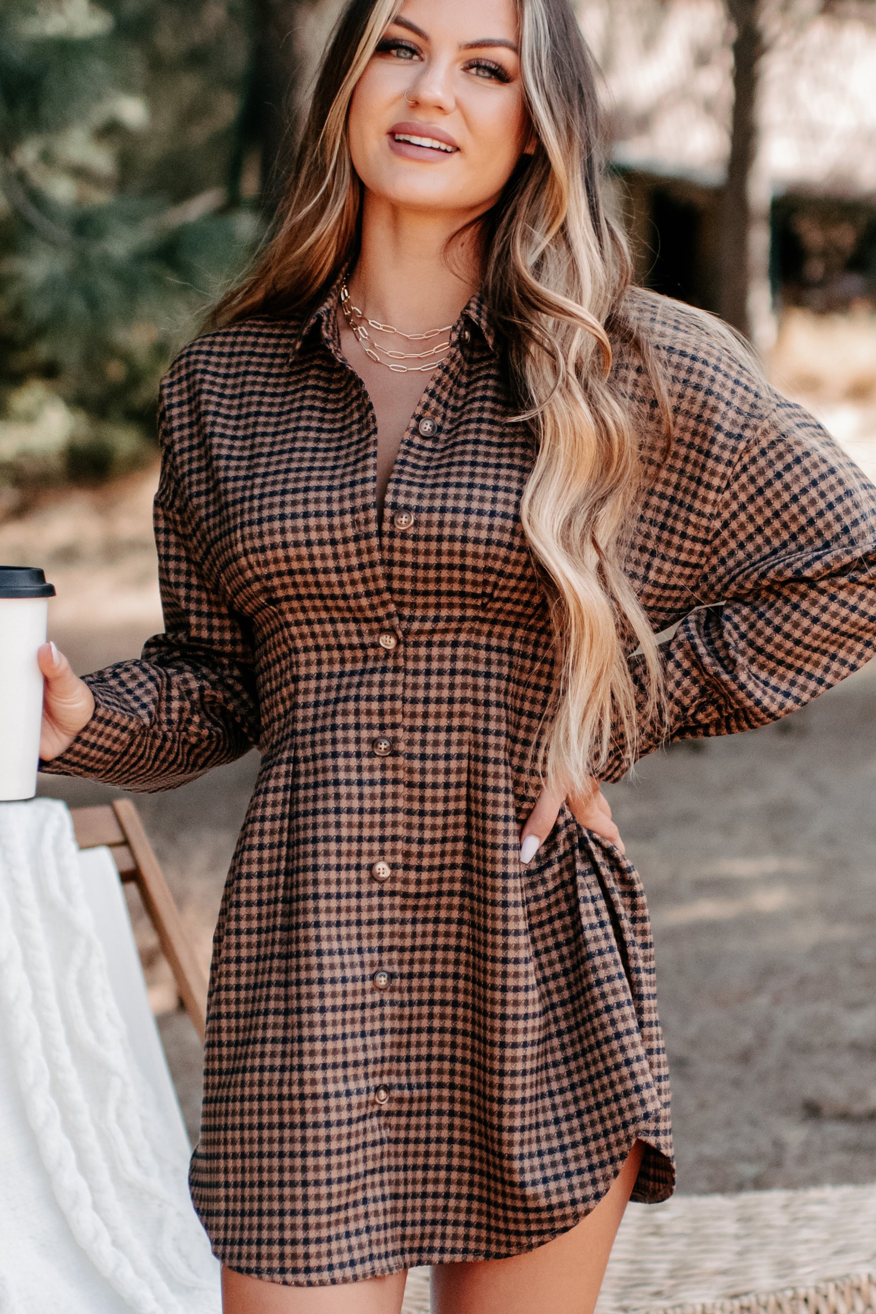 Divine Timing Houndstooth Button Up Dress (Brown)-The Formal Wear
