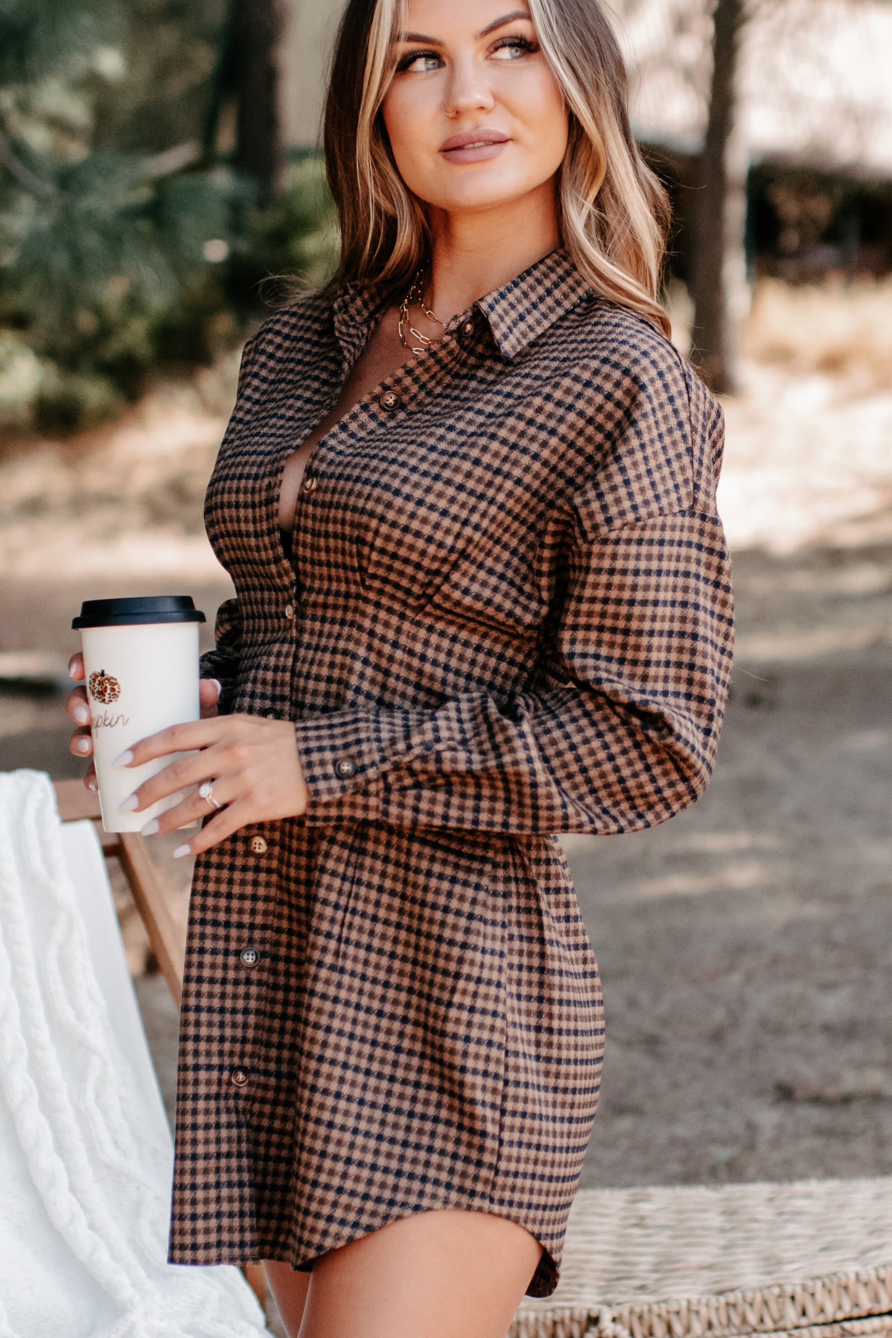 Divine Timing Houndstooth Button Up Dress (Brown)-The Formal Wear