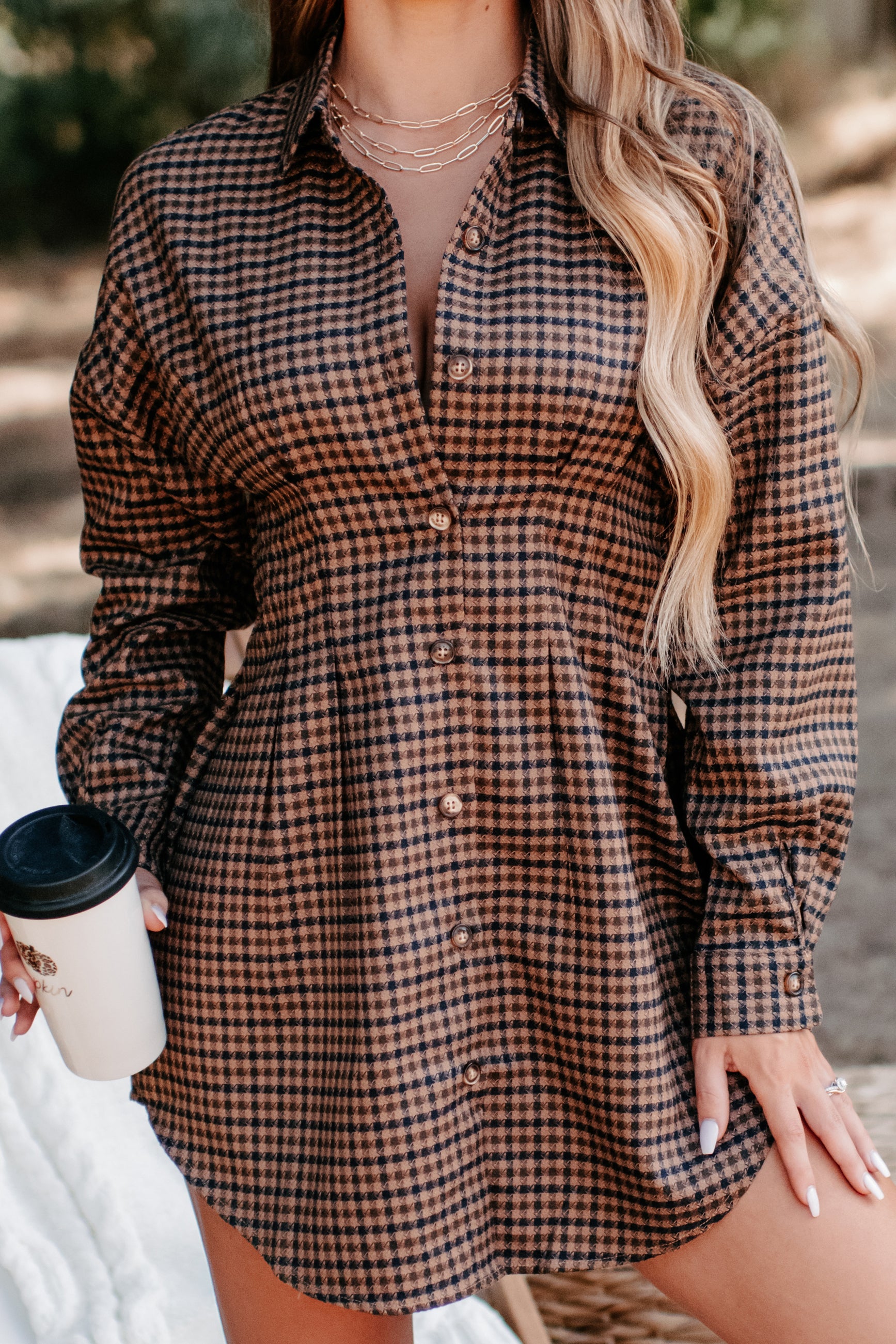 Divine Timing Houndstooth Button Up Dress (Brown)-The Formal Wear
