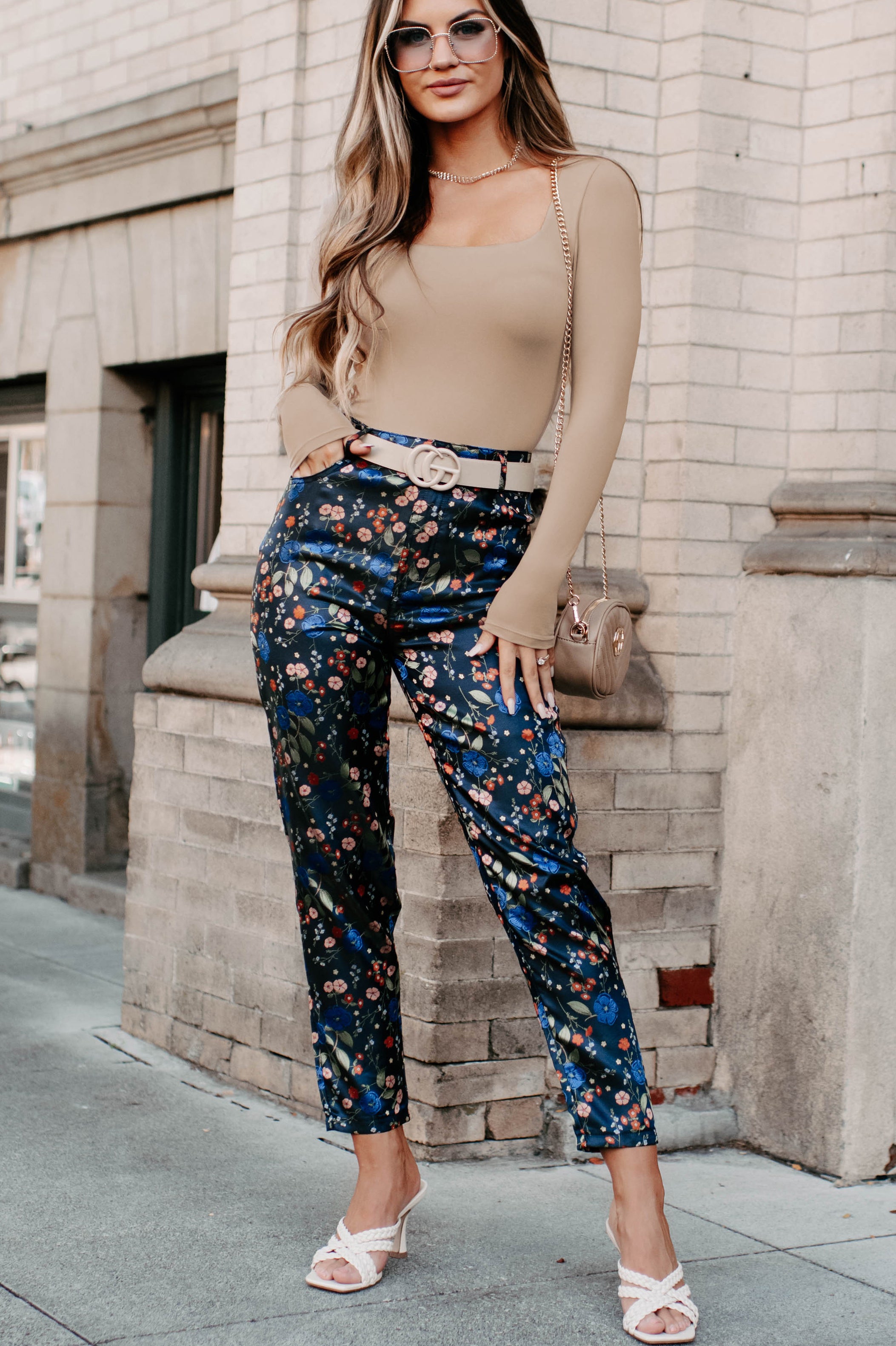 Growing Strong High Waisted Floral Print Pants (Navy Floral)-The Formal Wear