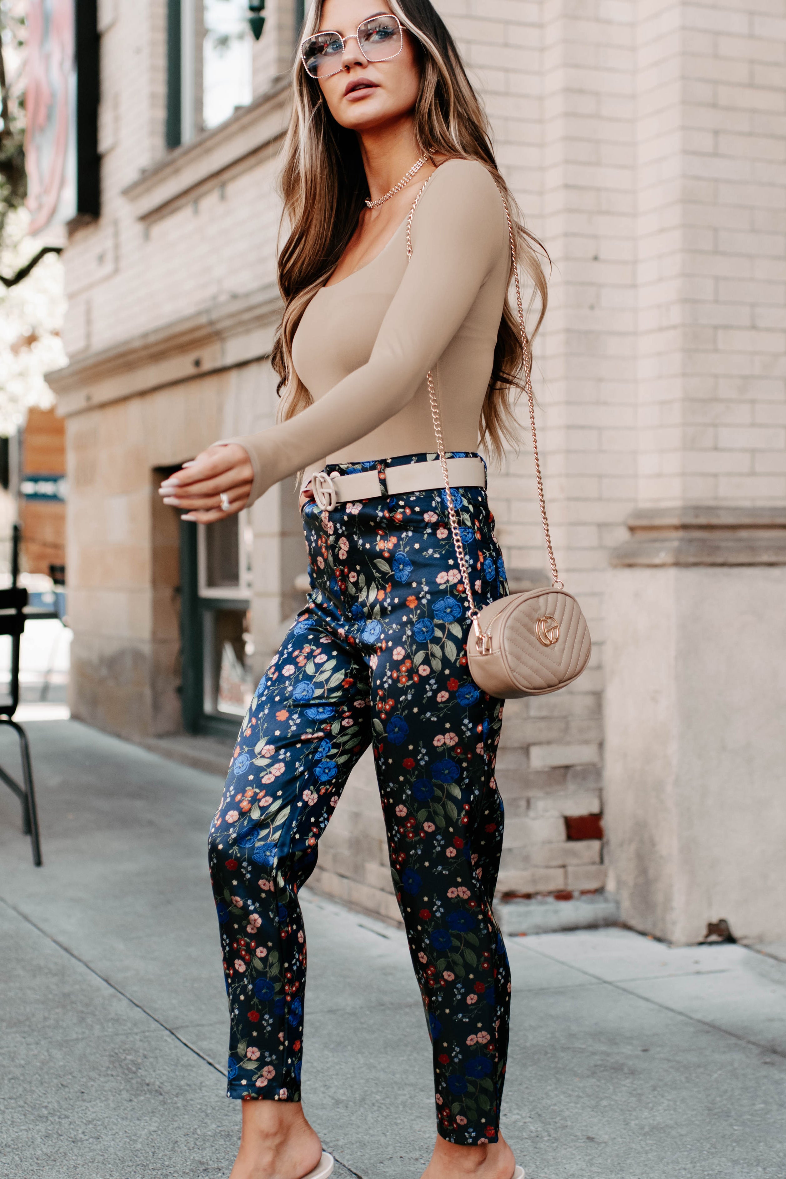 Growing Strong High Waisted Floral Print Pants (Navy Floral)-The Formal Wear