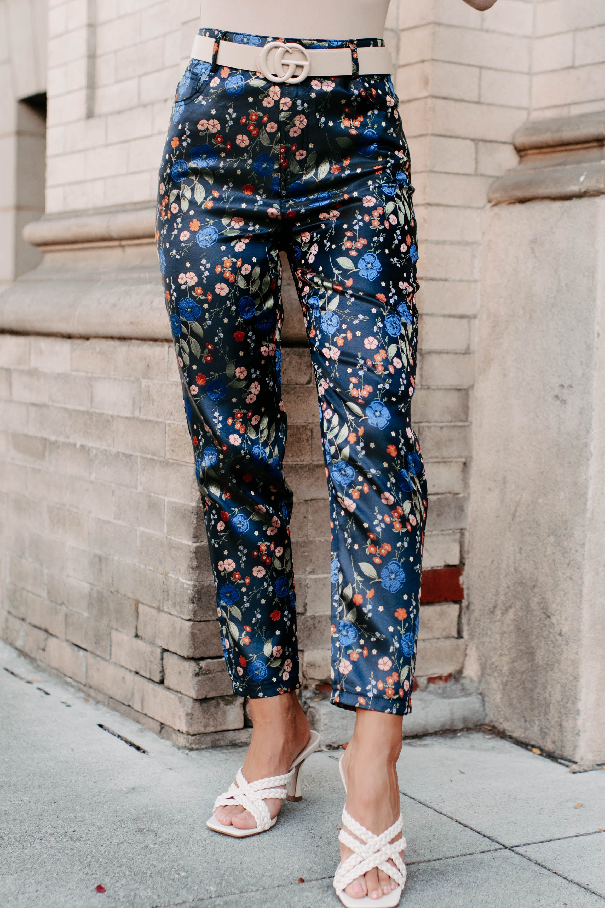 Growing Strong High Waisted Floral Print Pants (Navy Floral)-The Formal Wear