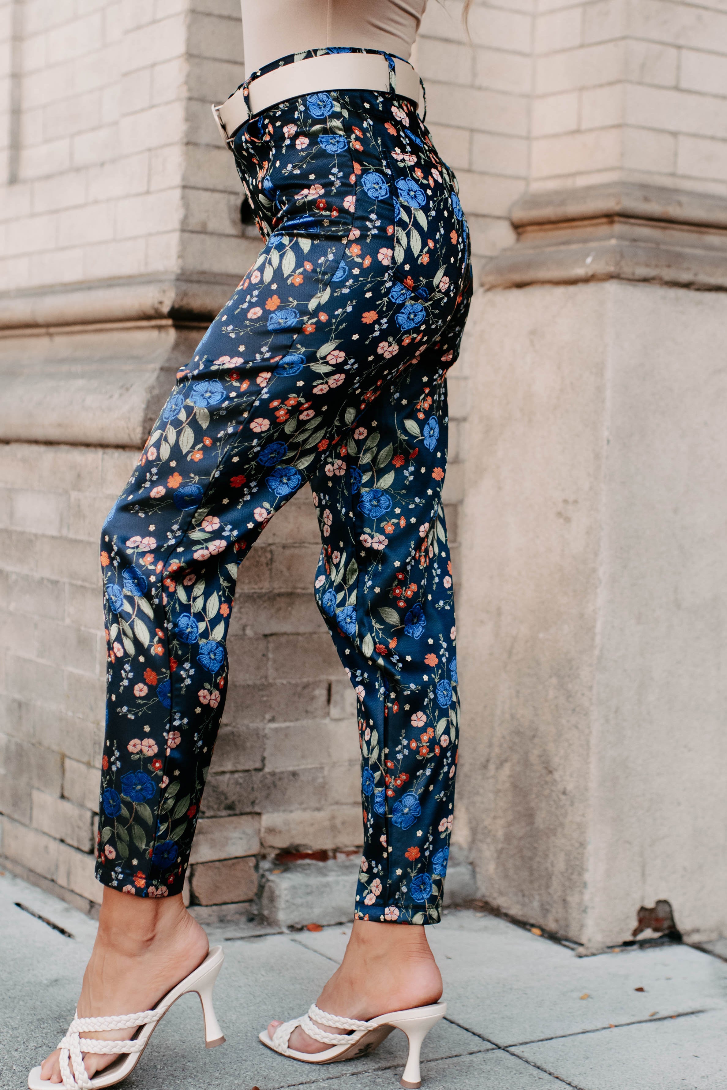 Growing Strong High Waisted Floral Print Pants (Navy Floral)-The Formal Wear