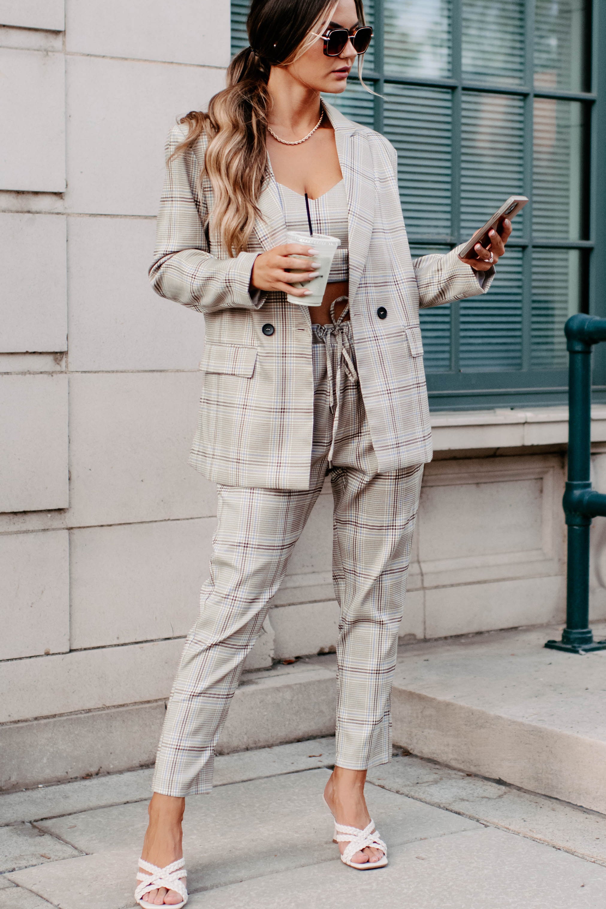 Clear It With Legal Plaid Three-Piece Blazer Set (Mocha Combo)-The Formal Wear