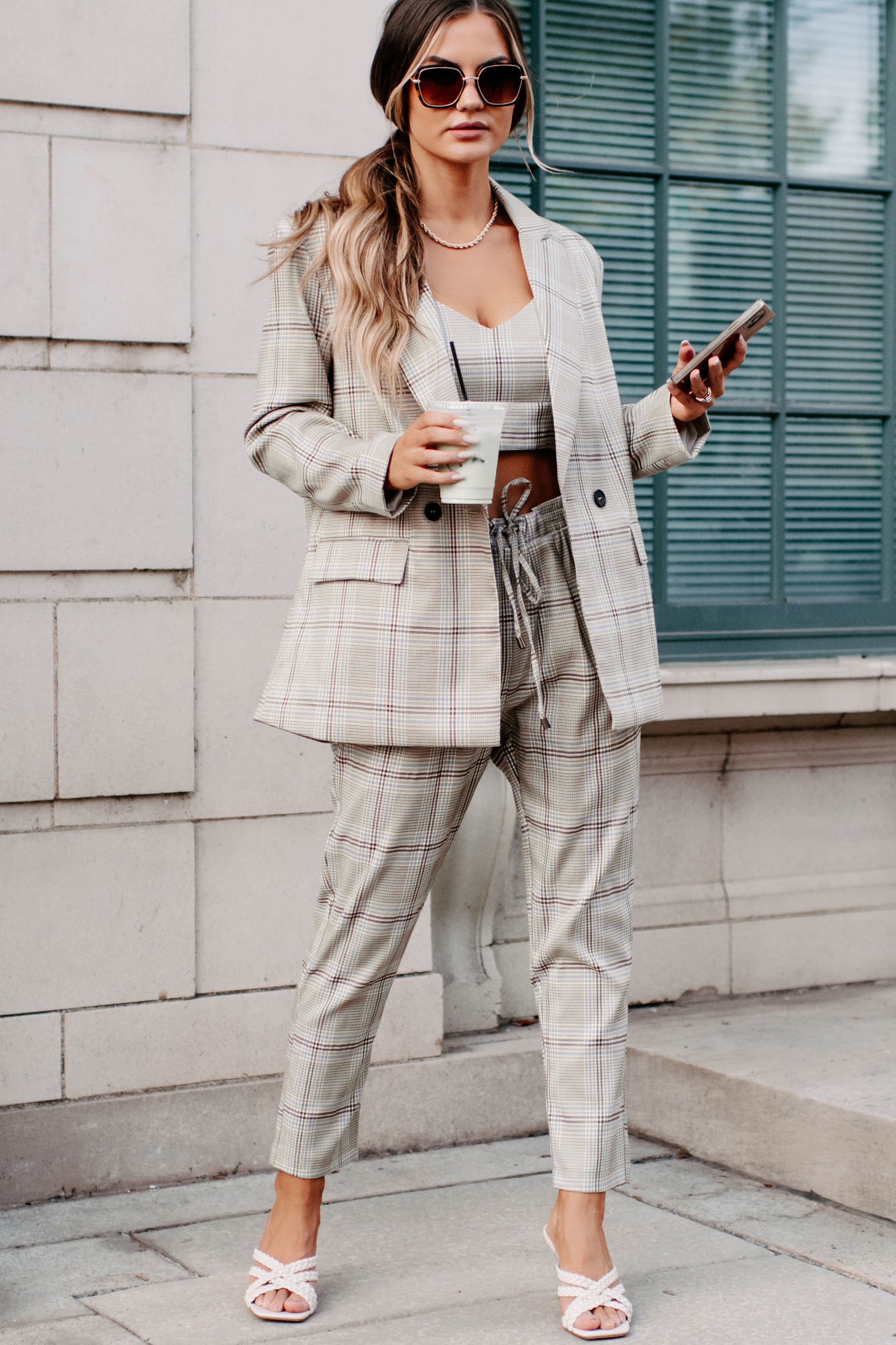 Clear It With Legal Plaid Three-Piece Blazer Set (Mocha Combo)-The Formal Wear