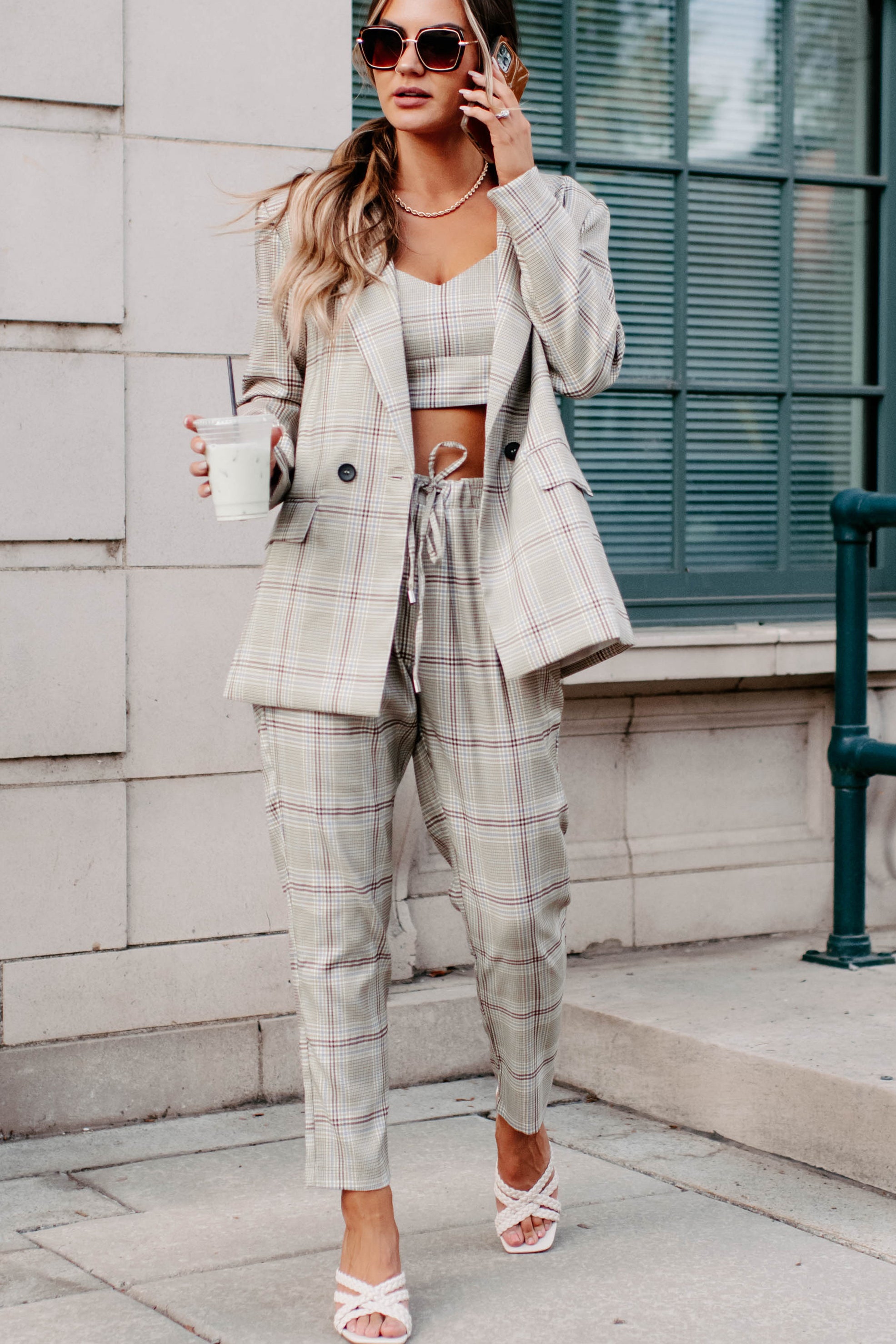 Clear It With Legal Plaid Three-Piece Blazer Set (Mocha Combo)-The Formal Wear