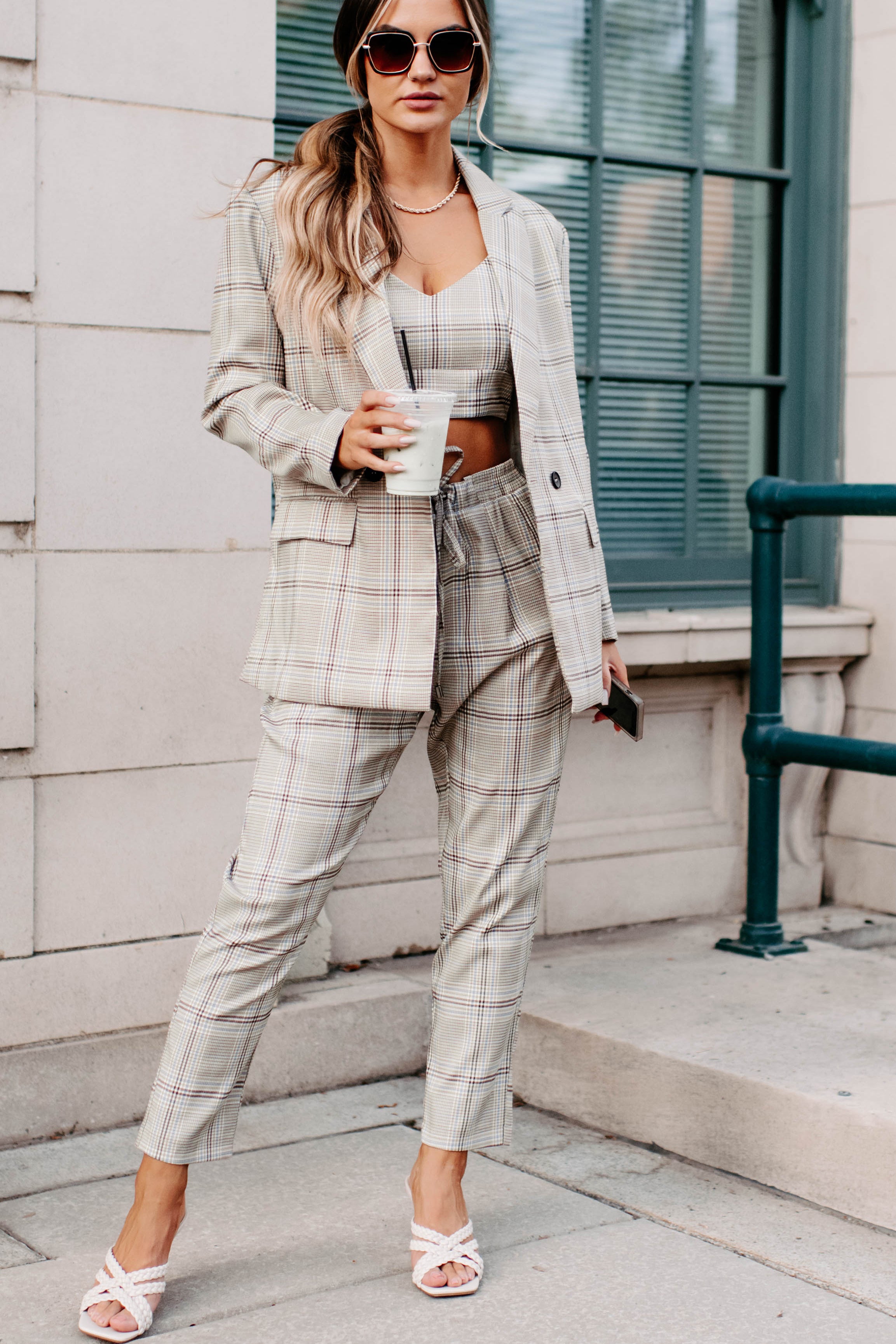 Clear It With Legal Plaid Three-Piece Blazer Set (Mocha Combo)-The Formal Wear