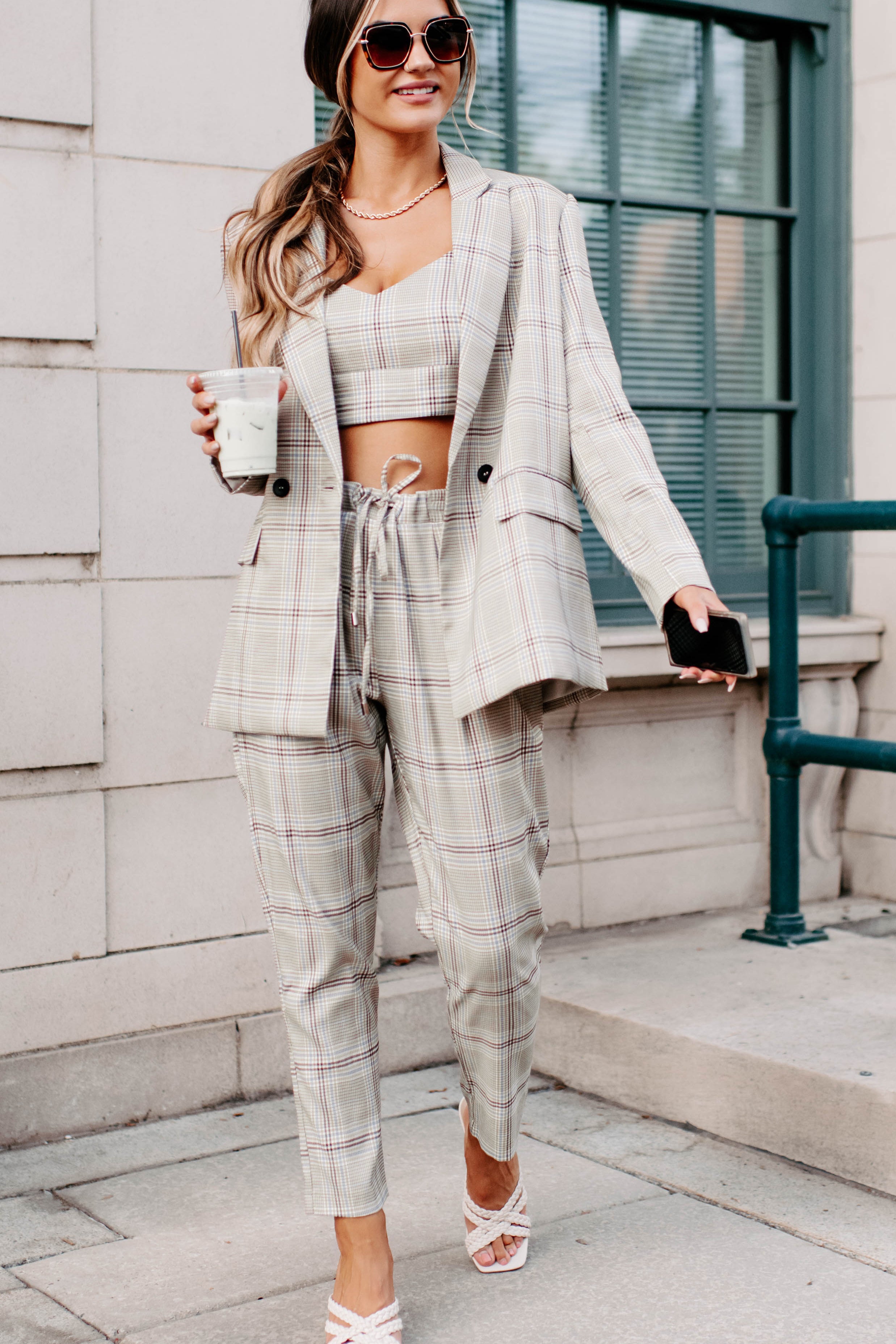 Clear It With Legal Plaid Three-Piece Blazer Set (Mocha Combo)-The Formal Wear