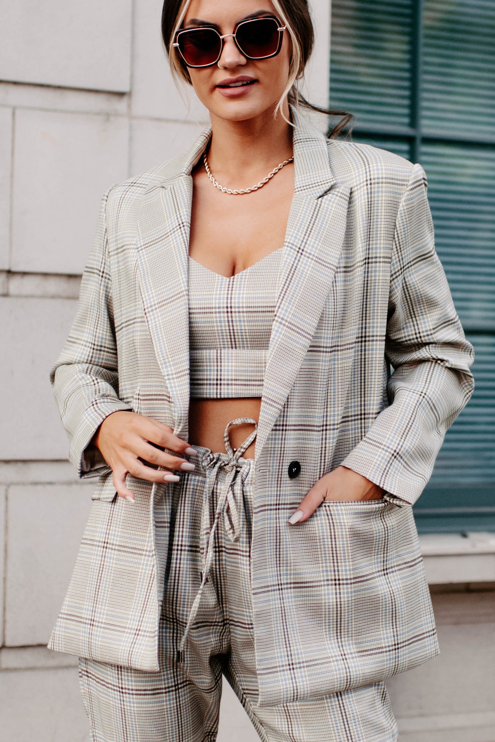 Clear It With Legal Plaid Three-Piece Blazer Set (Mocha Combo)-The Formal Wear