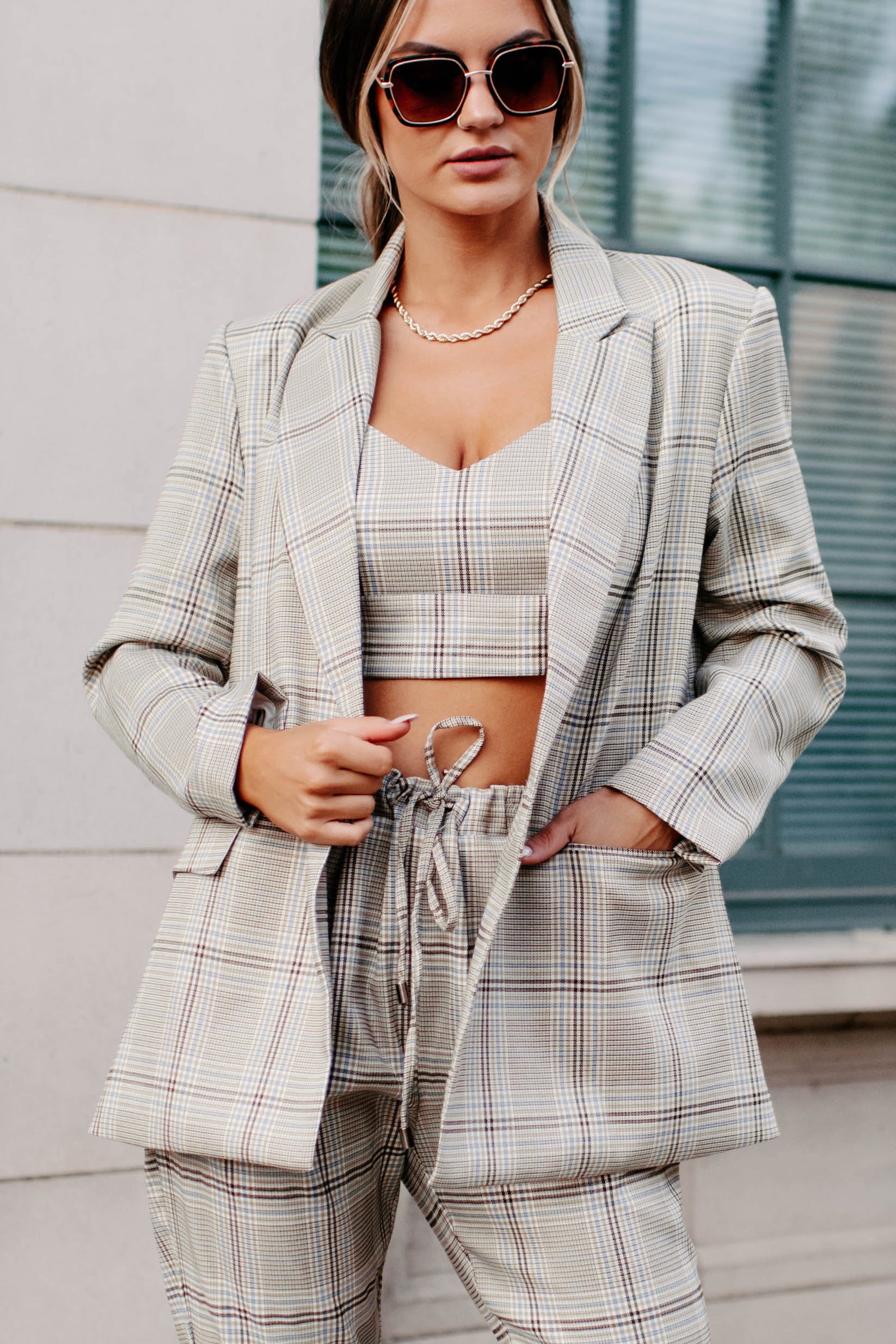 Clear It With Legal Plaid Three-Piece Blazer Set (Mocha Combo)-The Formal Wear
