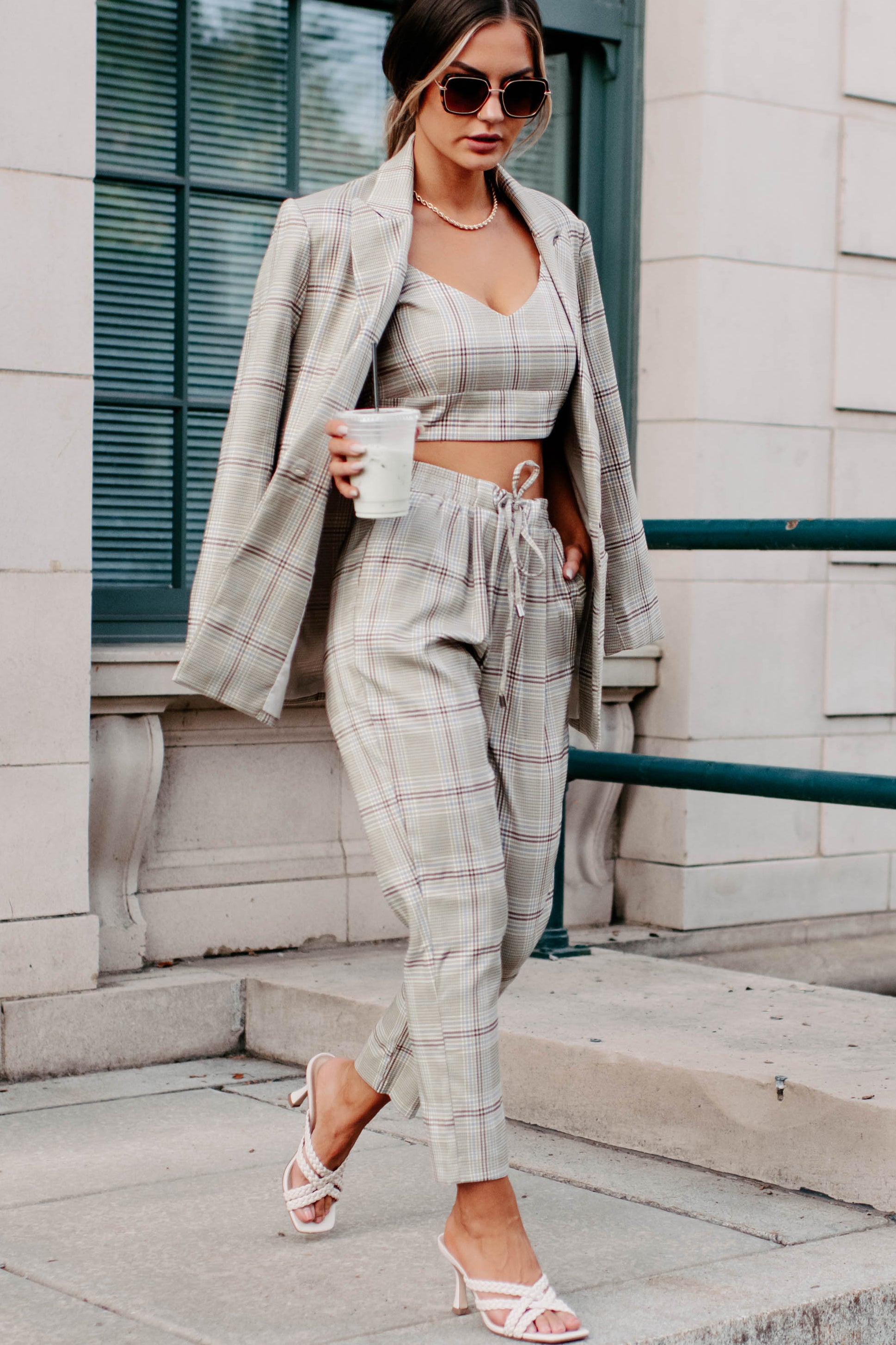Clear It With Legal Plaid Three-Piece Blazer Set (Mocha Combo)-The Formal Wear