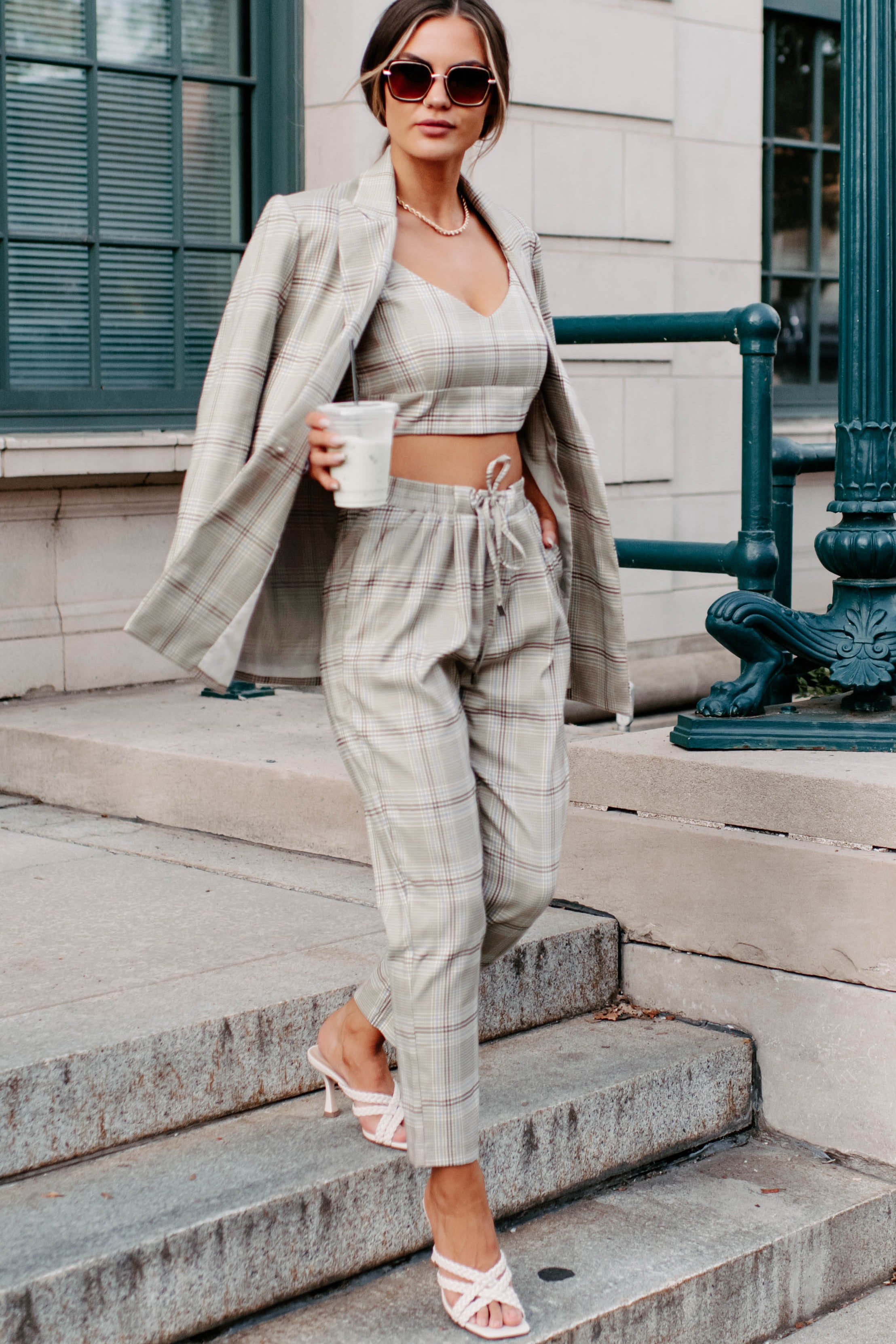 Clear It With Legal Plaid Three-Piece Blazer Set (Mocha Combo)-The Formal Wear