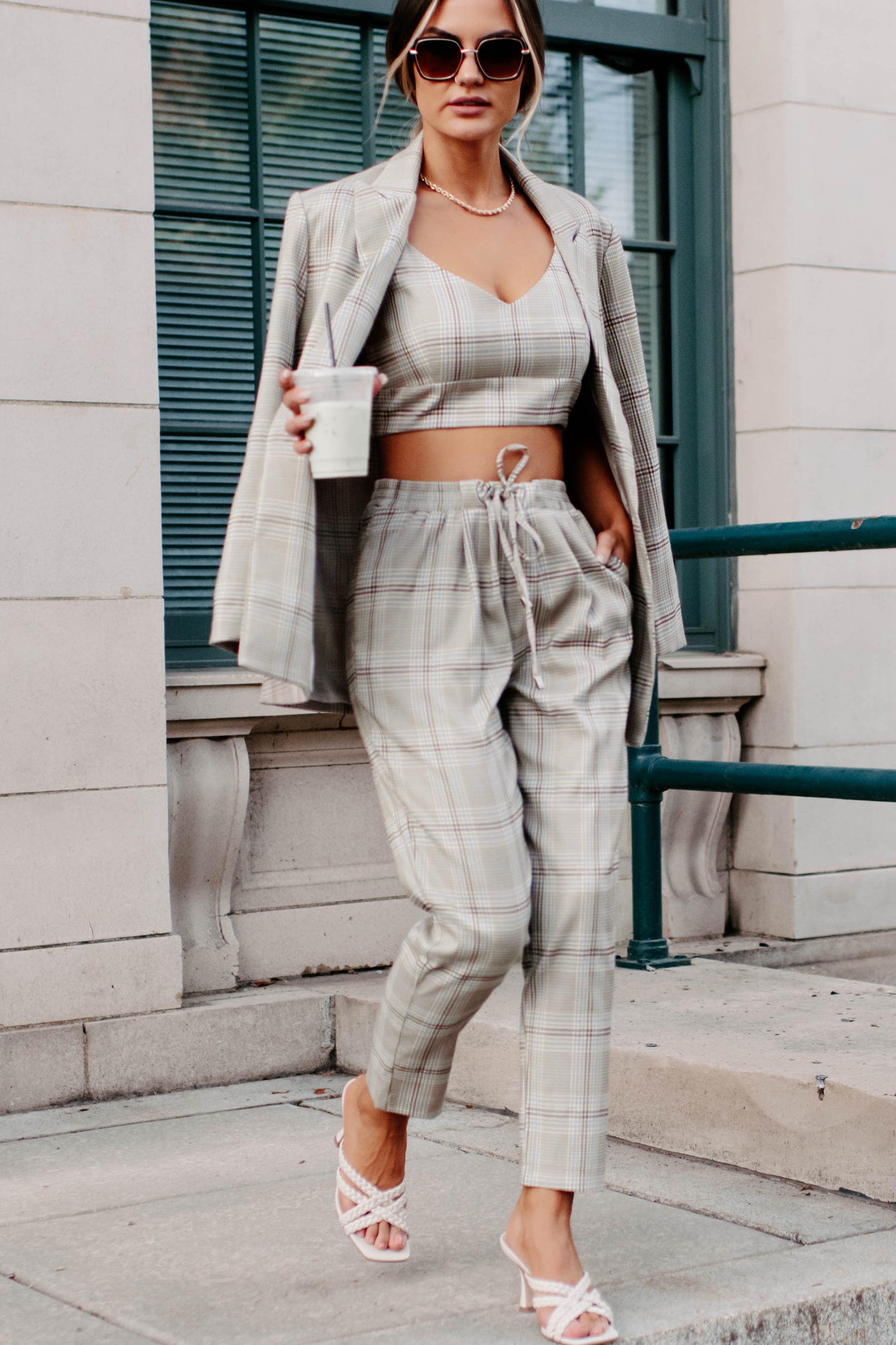 Clear It With Legal Plaid Three-Piece Blazer Set (Mocha Combo)-The Formal Wear