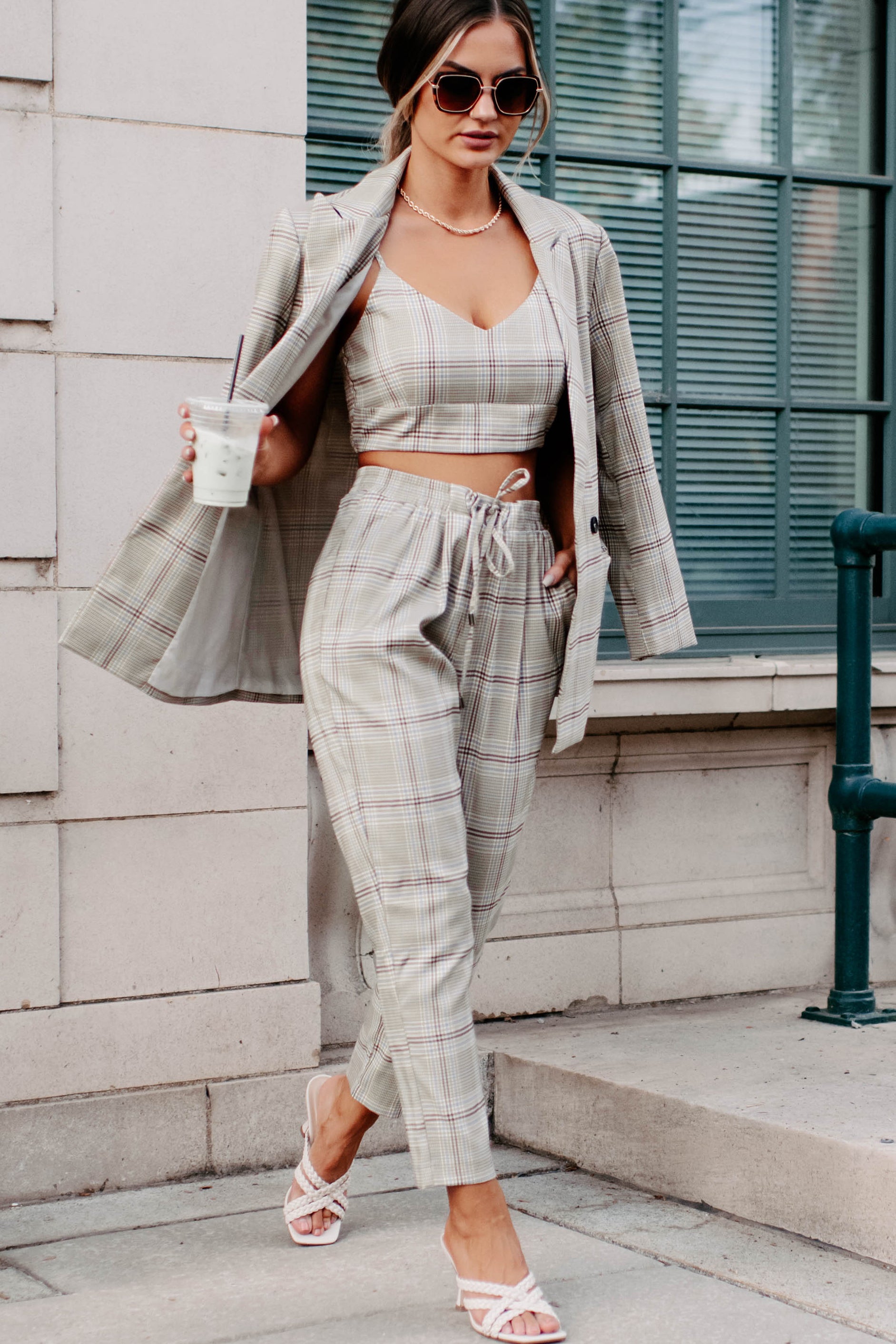 Clear It With Legal Plaid Three-Piece Blazer Set (Mocha Combo)-The Formal Wear