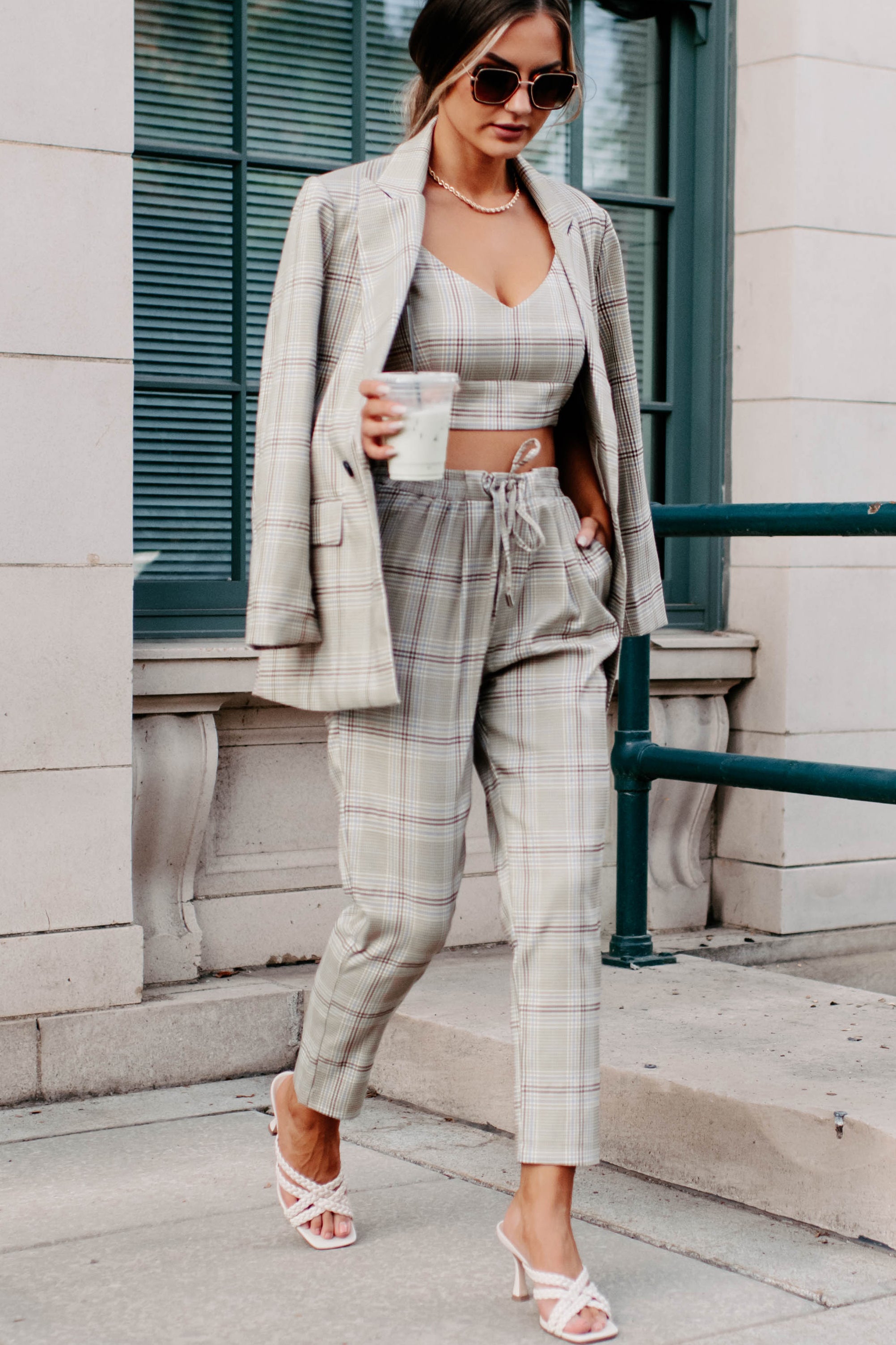 Clear It With Legal Plaid Three-Piece Blazer Set (Mocha Combo)-The Formal Wear