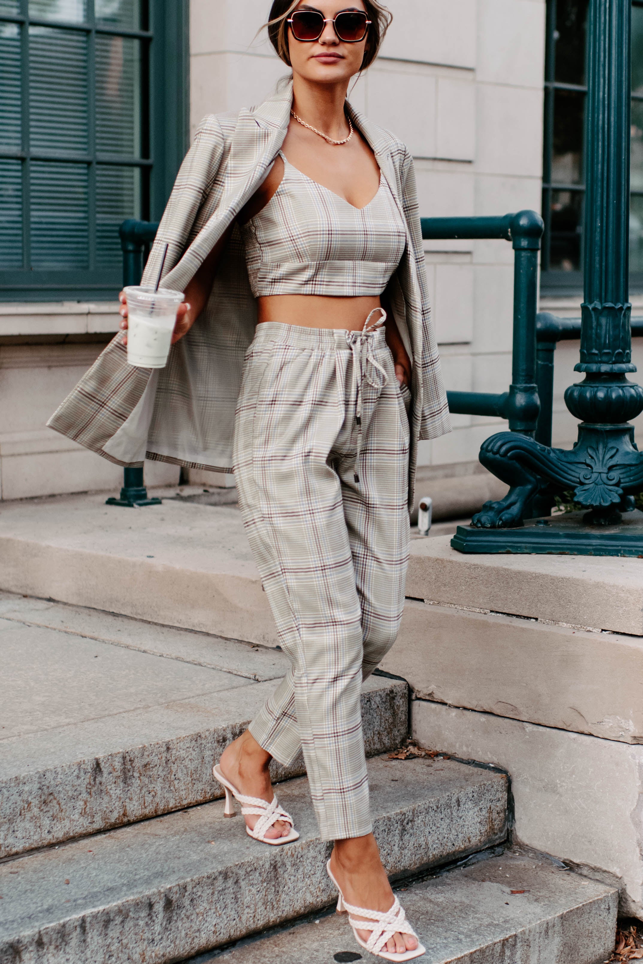 Clear It With Legal Plaid Three-Piece Blazer Set (Mocha Combo)-The Formal Wear