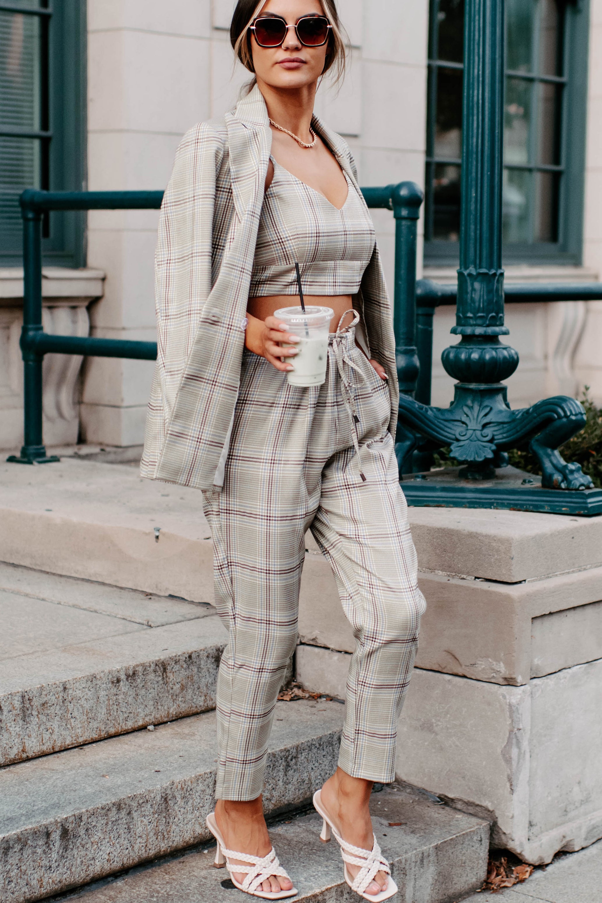 Clear It With Legal Plaid Three-Piece Blazer Set (Mocha Combo)-The Formal Wear
