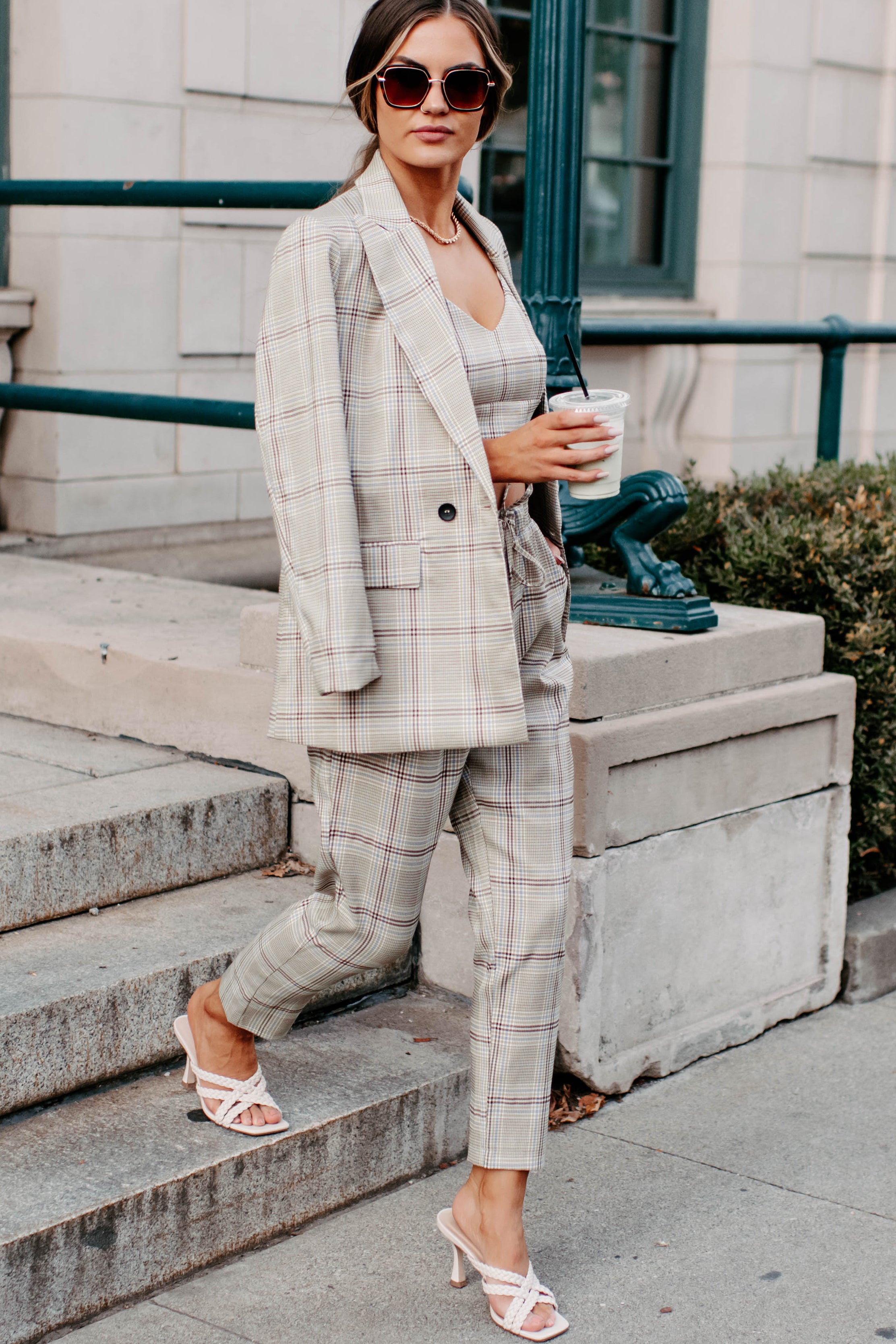 Clear It With Legal Plaid Three-Piece Blazer Set (Mocha Combo)-The Formal Wear