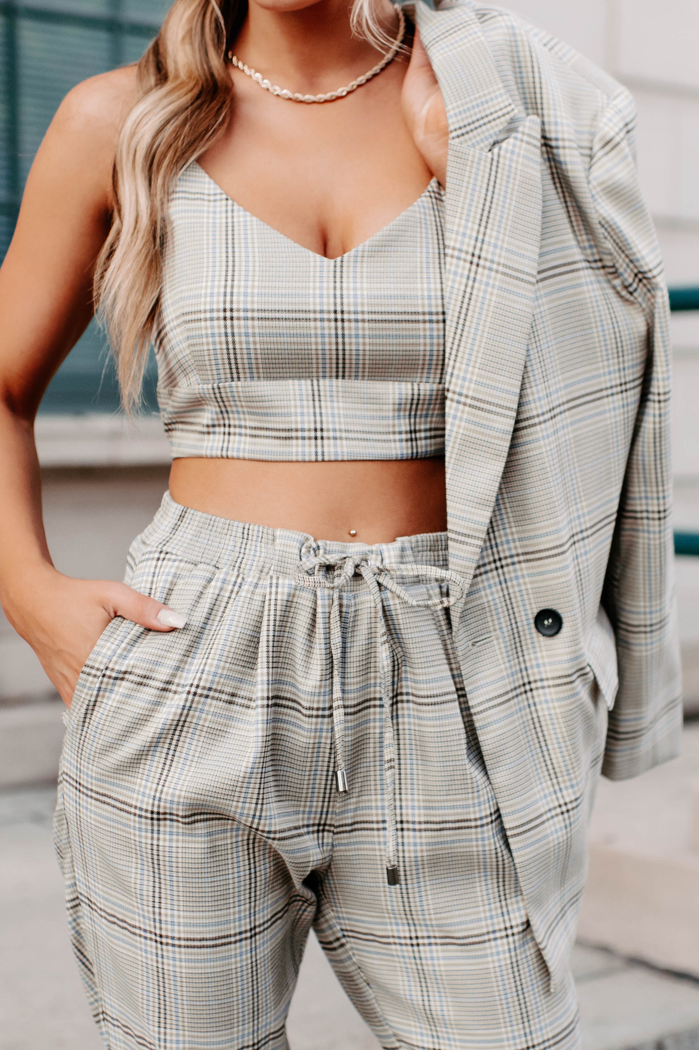 Clear It With Legal Plaid Three-Piece Blazer Set (Mocha Combo)-The Formal Wear