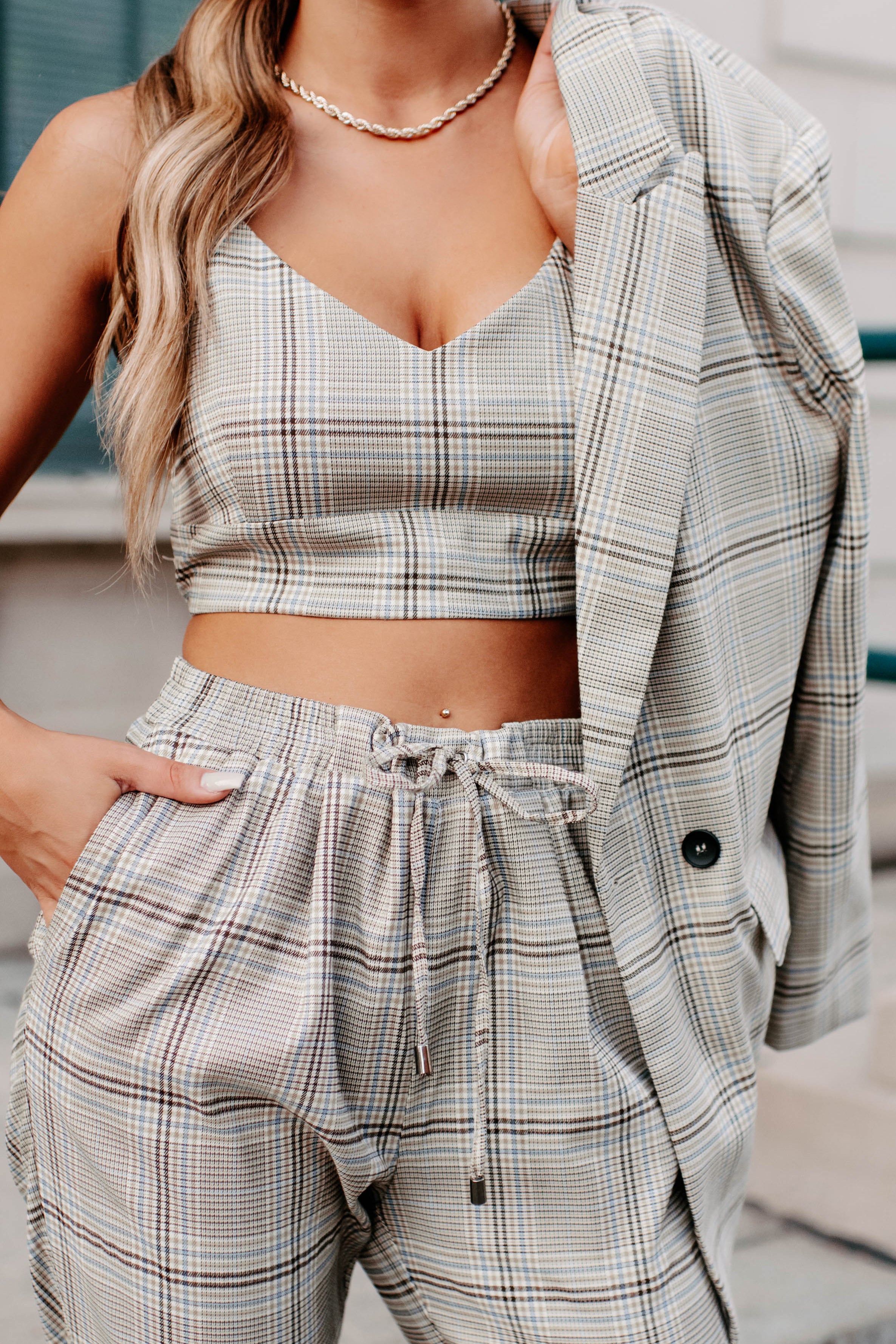 Clear It With Legal Plaid Three-Piece Blazer Set (Mocha Combo)-The Formal Wear