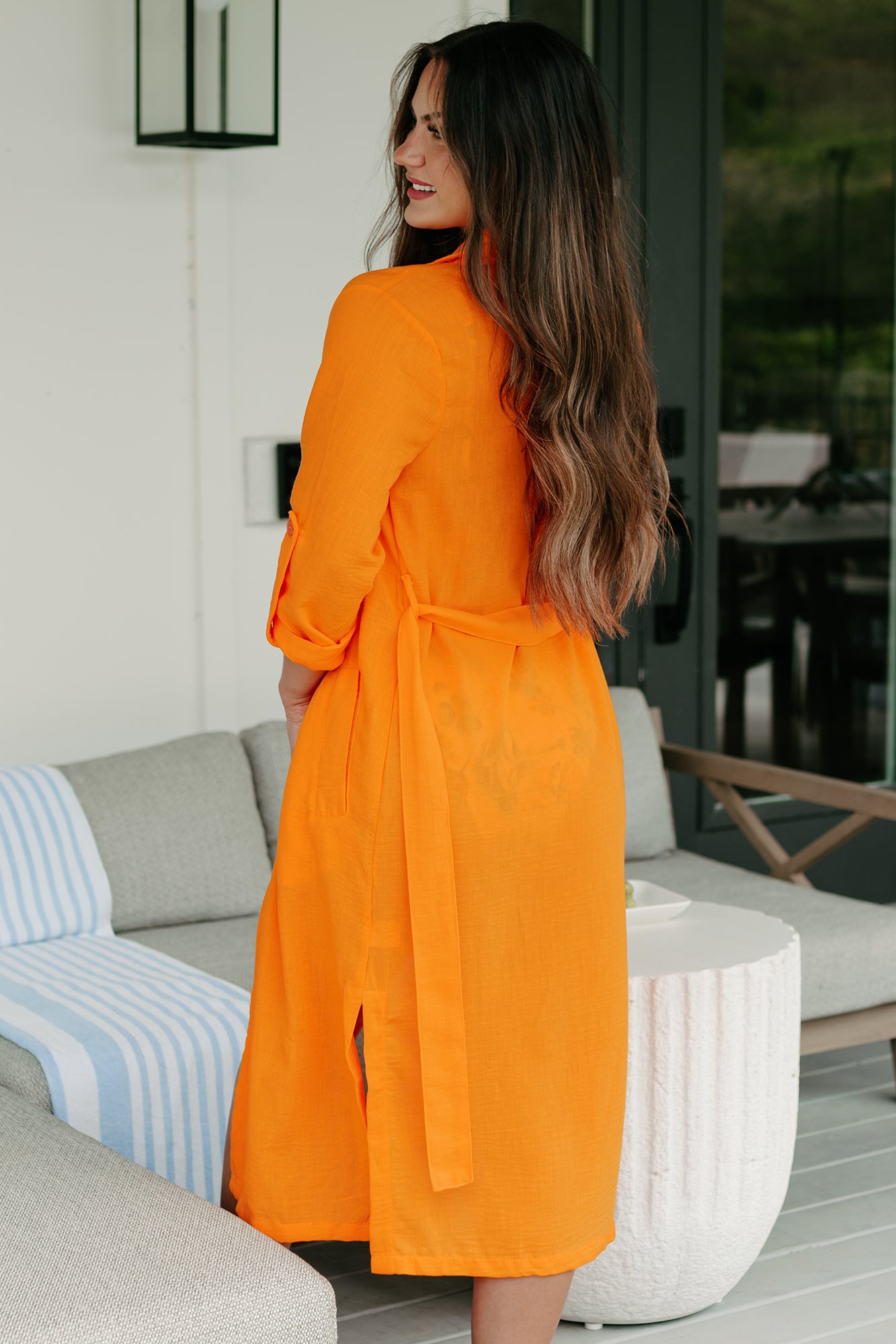 Live Colorfully Tie-Waist Linen Trench Coat (Orange)-The Formal Wear