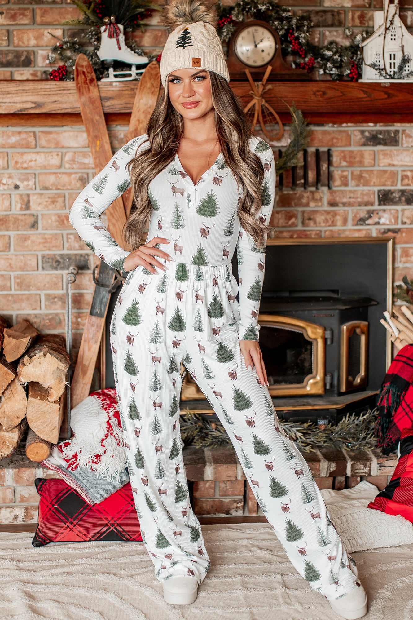PREORDER Sugar Plum Dreams Ribbed Bodysuit Lounge Set (Tree Print) - Ships by 12/2-The Formal Wear
