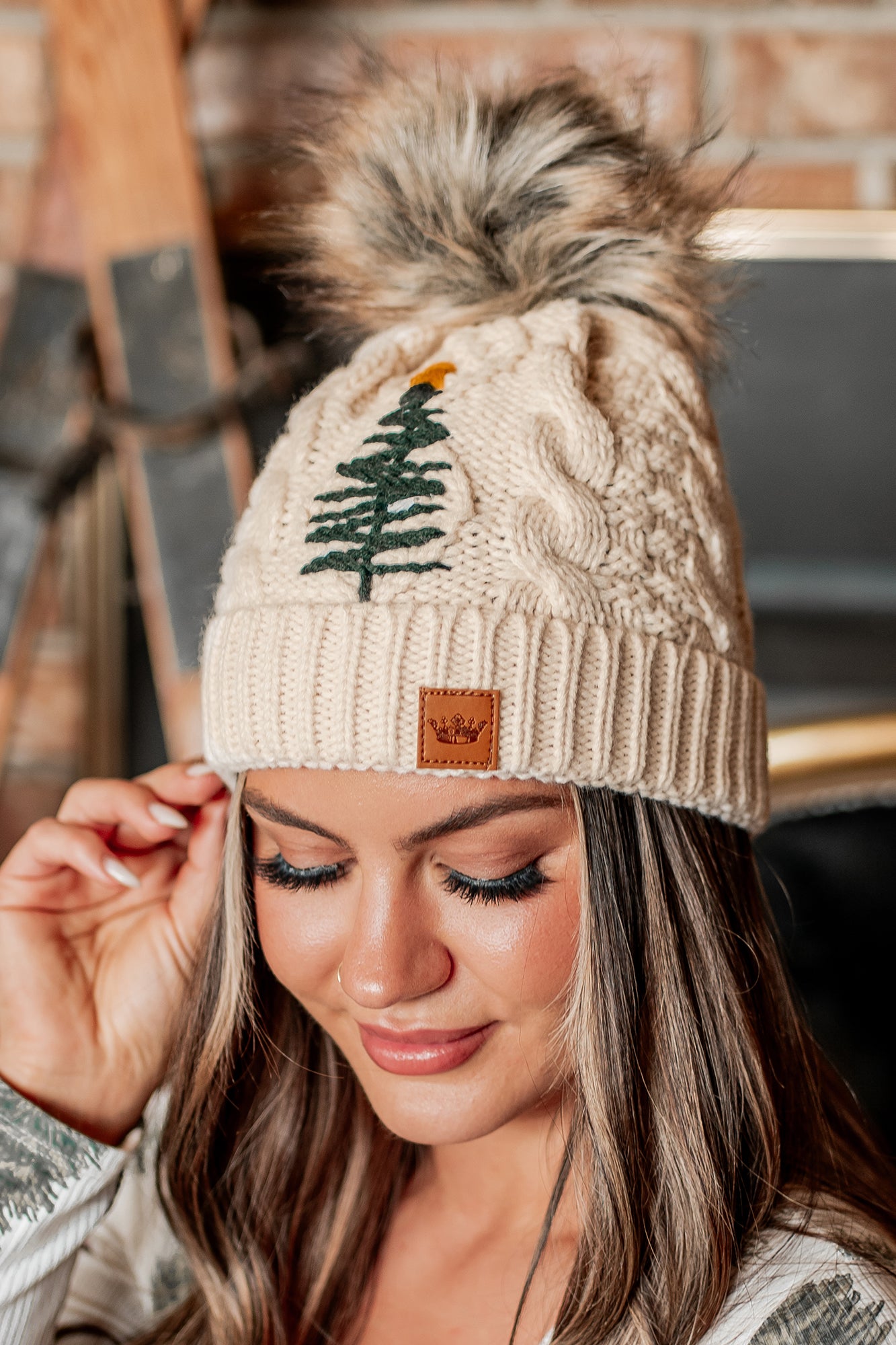 Pining For Christmas Knit Pom Beanie (Beige Tree)-The Formal Wear