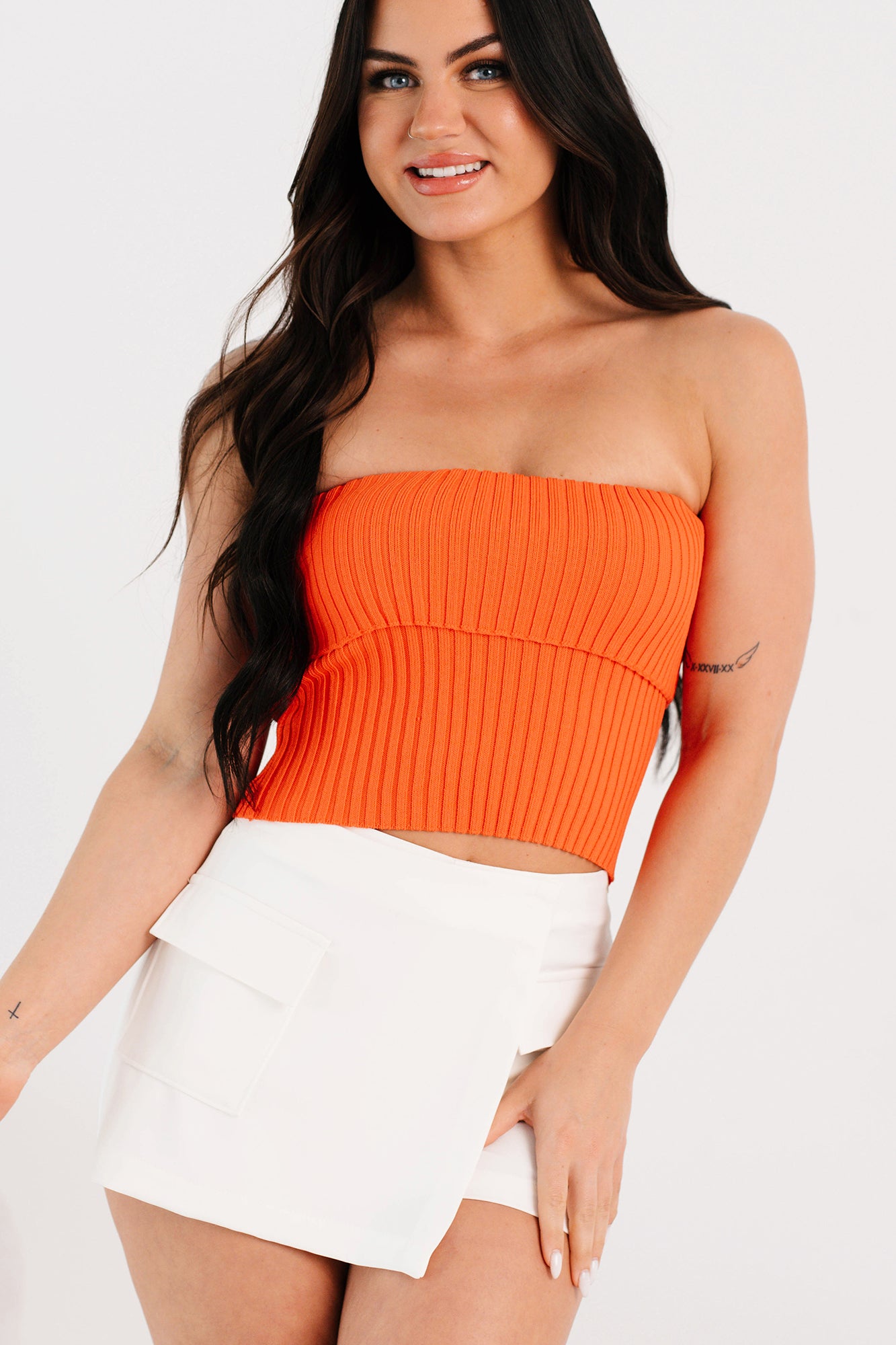 Cozy Corner Ribbed Strapless Fold Over Top (Tomato)-The Formal Wear