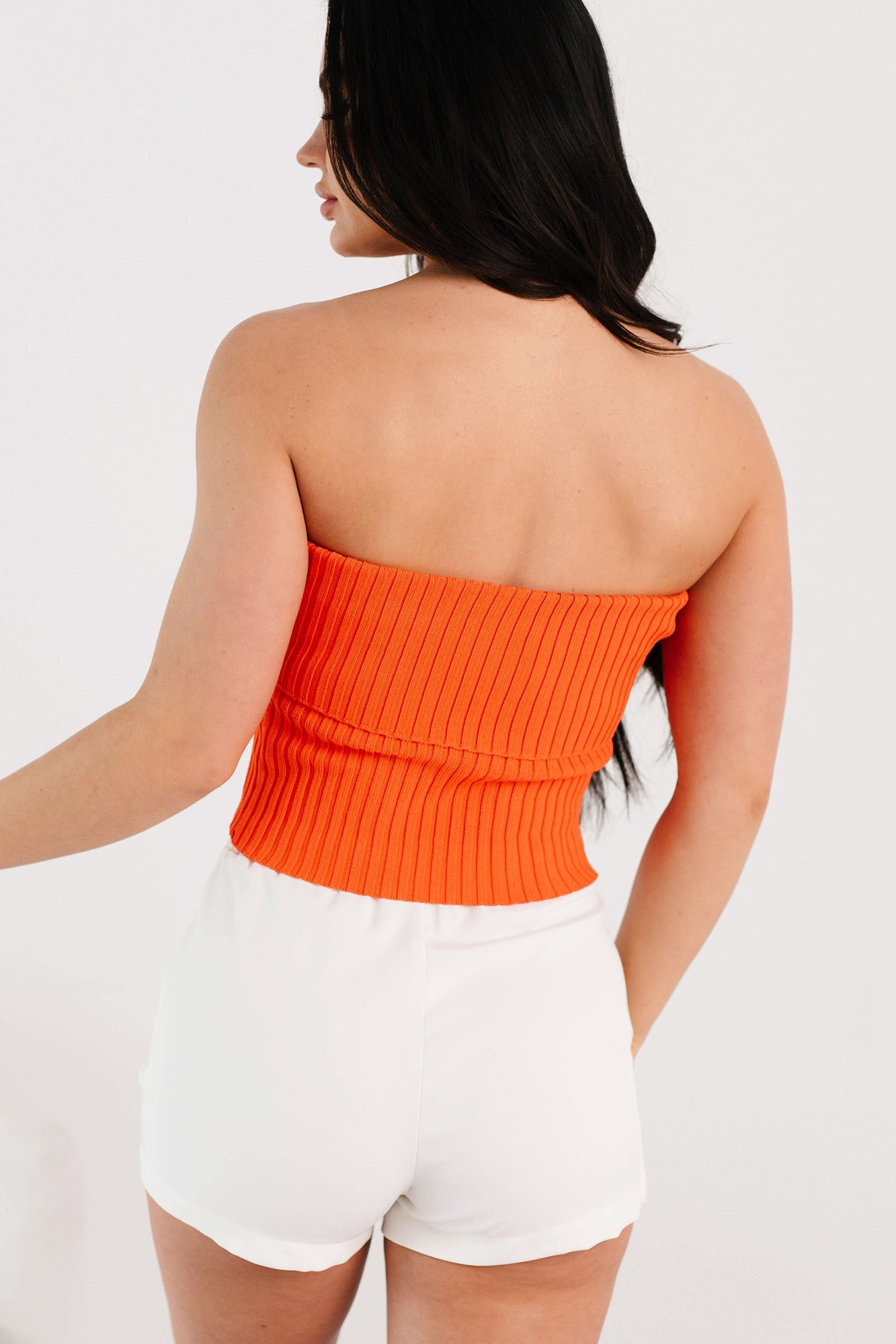 Cozy Corner Ribbed Strapless Fold Over Top (Tomato)-The Formal Wear
