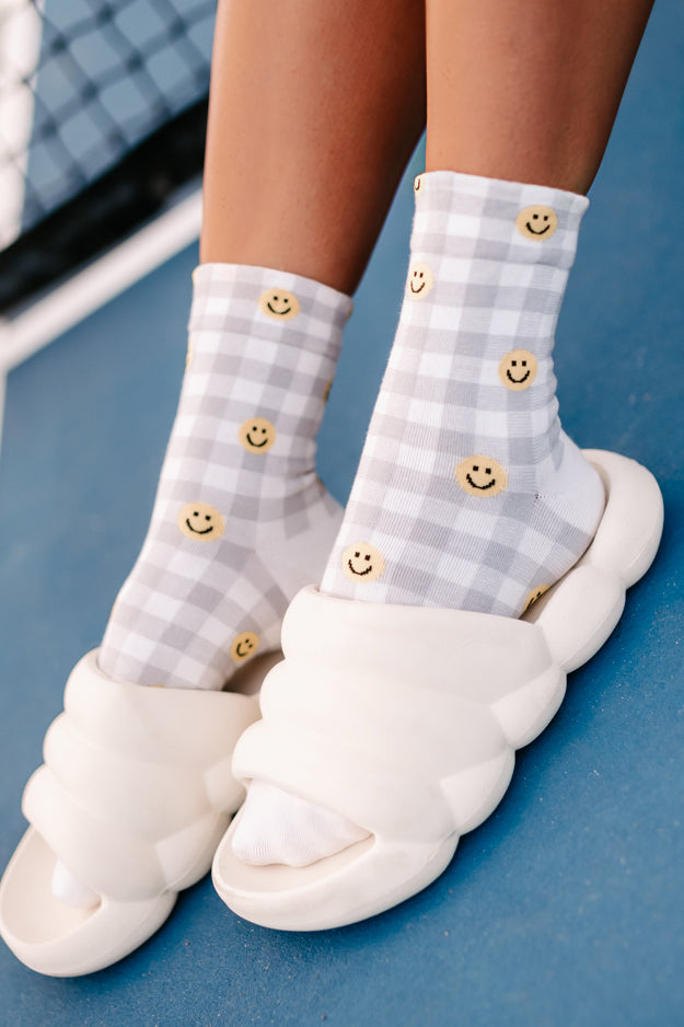 Smiling At You Plaid Happy Face Crew Socks (Grey)-The Formal Wear