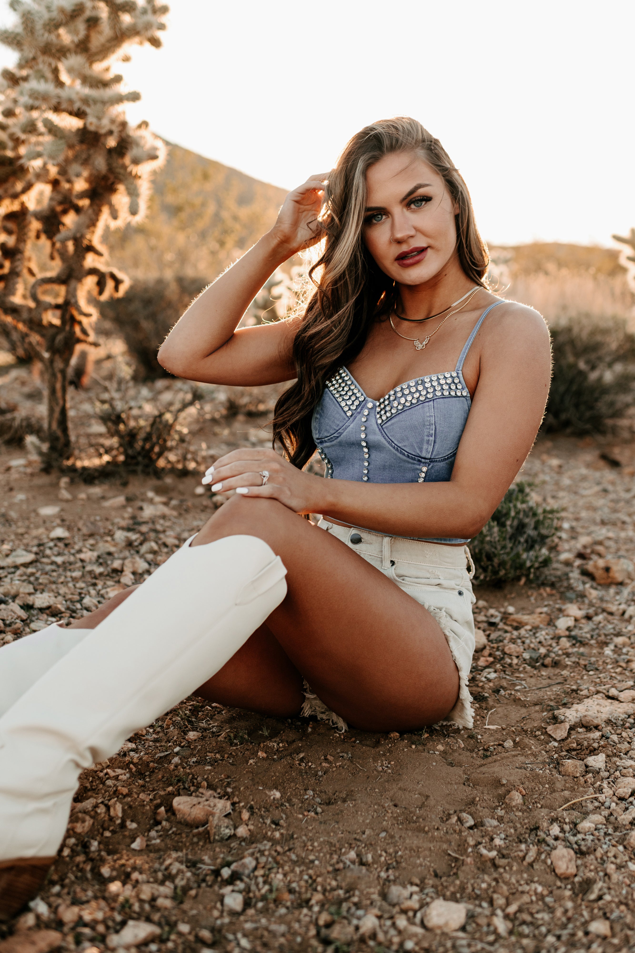 Nothing But Trouble Gemstone Embellished Crop Top (Light Denim)-The Formal Wear