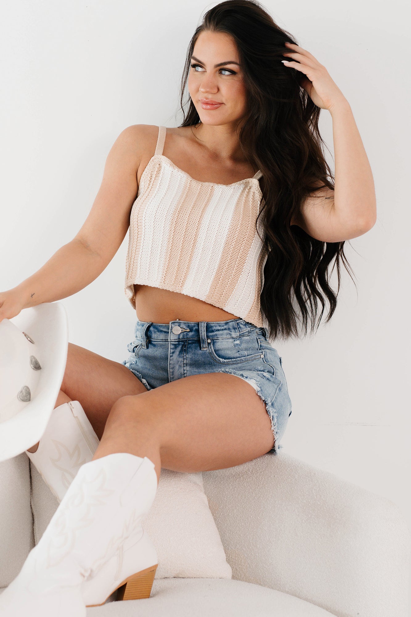 Electric Attraction Striped Crochet Tank Top (Taupe)-The Formal Wear